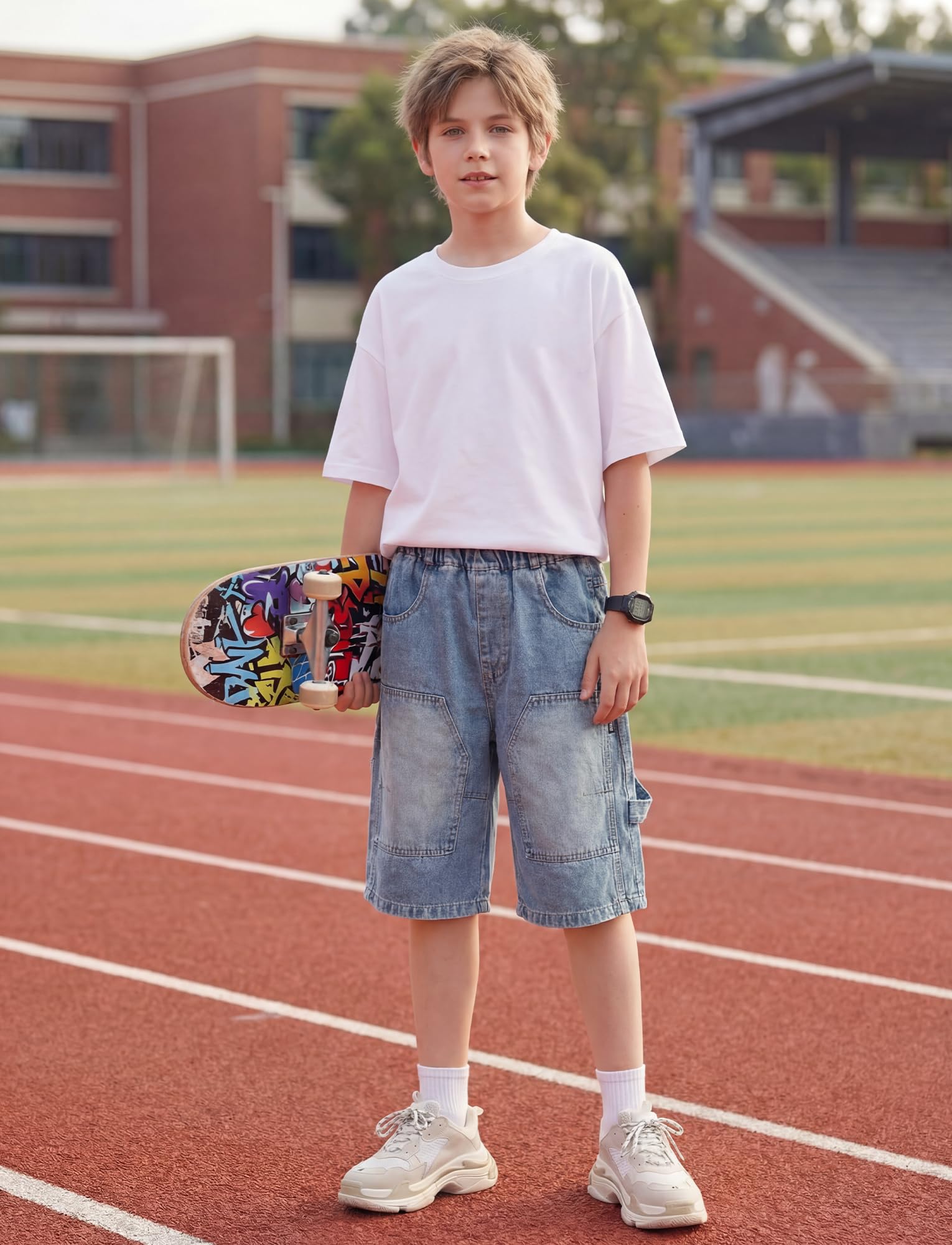 SEAUR Jeans corti per ragazzi larghi in cotone elastico in vita jeans estivi per ragazzi pantaloncini in denim cargo casual vestibilità ampia 6-15 anni