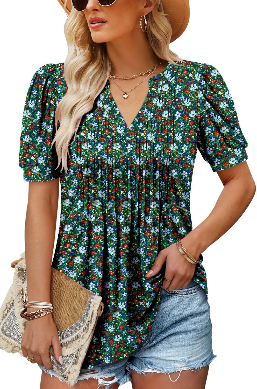 onlypuff Womens V Neck Pleated Tunic Tops Short Sleeve T-Shirt Summer Blouse Shirts S-3XL