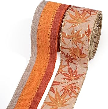 LaRibbons Fall Burlap Ribbon Wired 2 1/2" x 10 Yards 2 Rolls, Maple Leave Striped Ribbon for Autumn Wreath Thanksgiving Farm Gift Wrapping Home Decor
