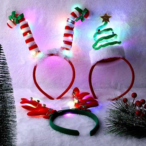 Miniatura 4 de Aneco Paquete de 6 diademas LED de Navidad, surtido de bastones de caramelo para árbol de Navidad, sombreros de elfo, cuernos, disfraz de cuerno,