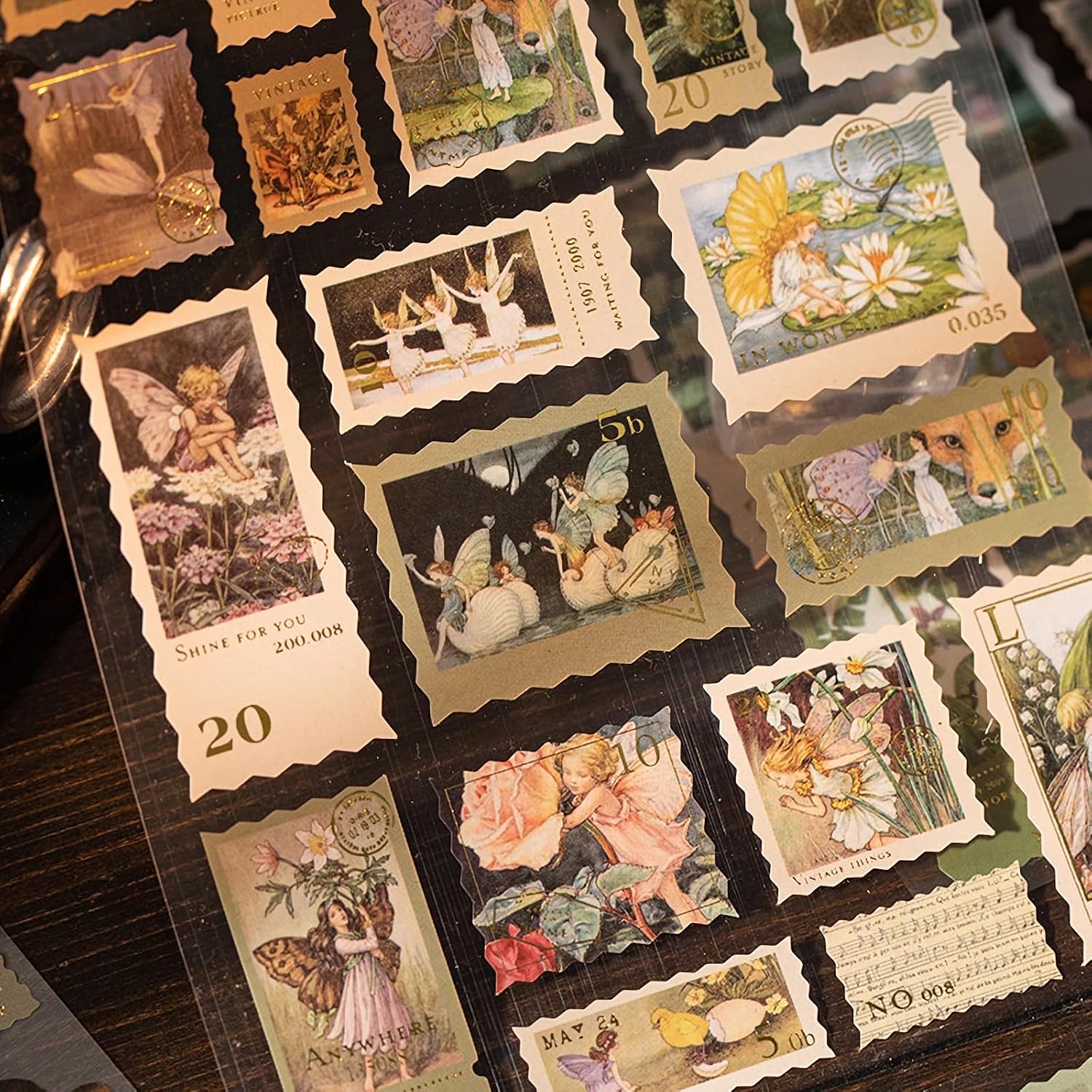8 Sheets Vintage Postage Stamp Stickers for Scrapbook Botanical Decor Paper Stickers Embellishments Gold Foil for Bullet Junk Journals DIY Crafts, Retro Stamp