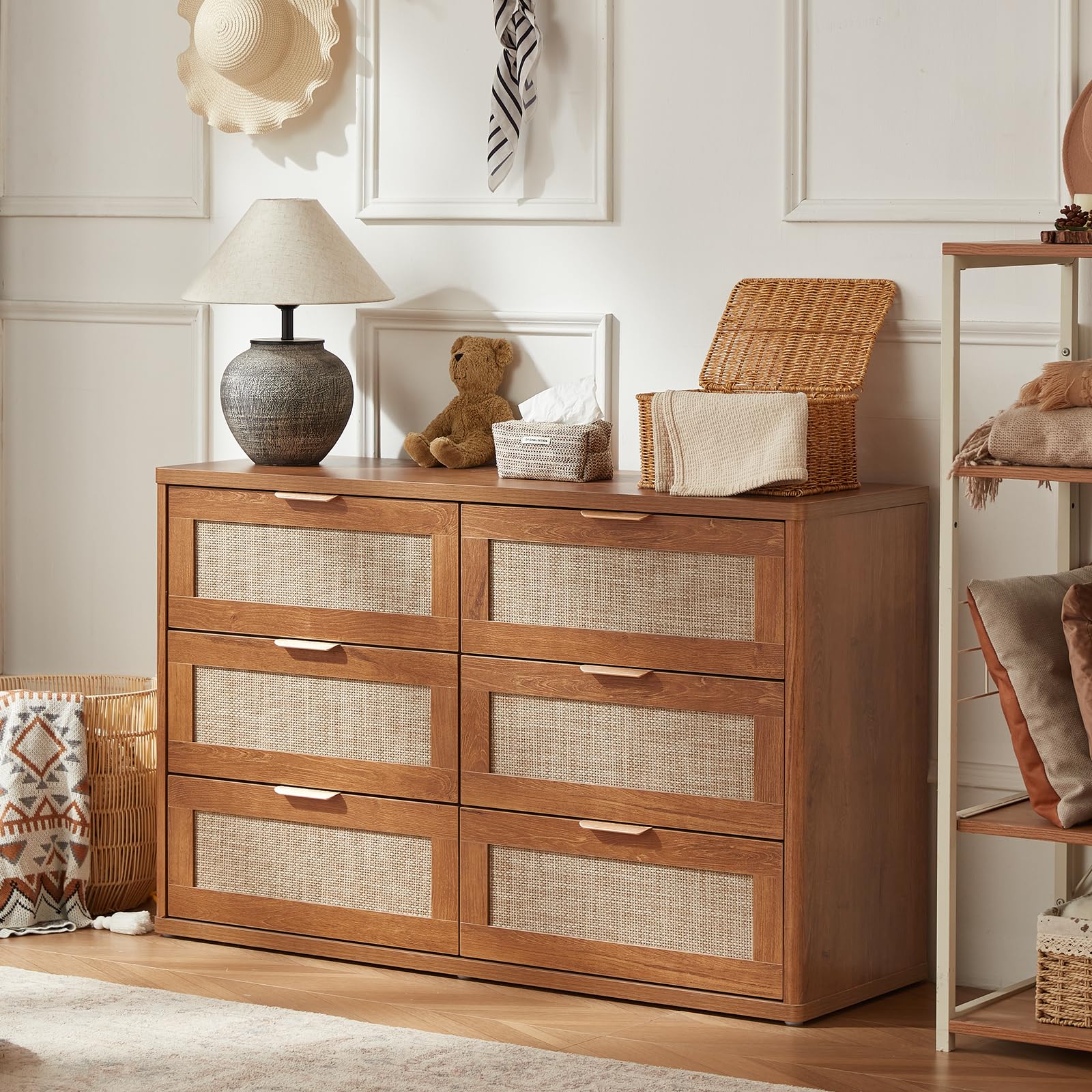 Amazon.com: LEYAOYAO Rattan 6 Drawer Dresser for Bedroom, Boho 48" Wide  Wooden Dark Dresser Chest of Drawers, Dressers TV Stand with Metal Handle,  Storage Dressers Closet Organizer for Living Room, Hallway :