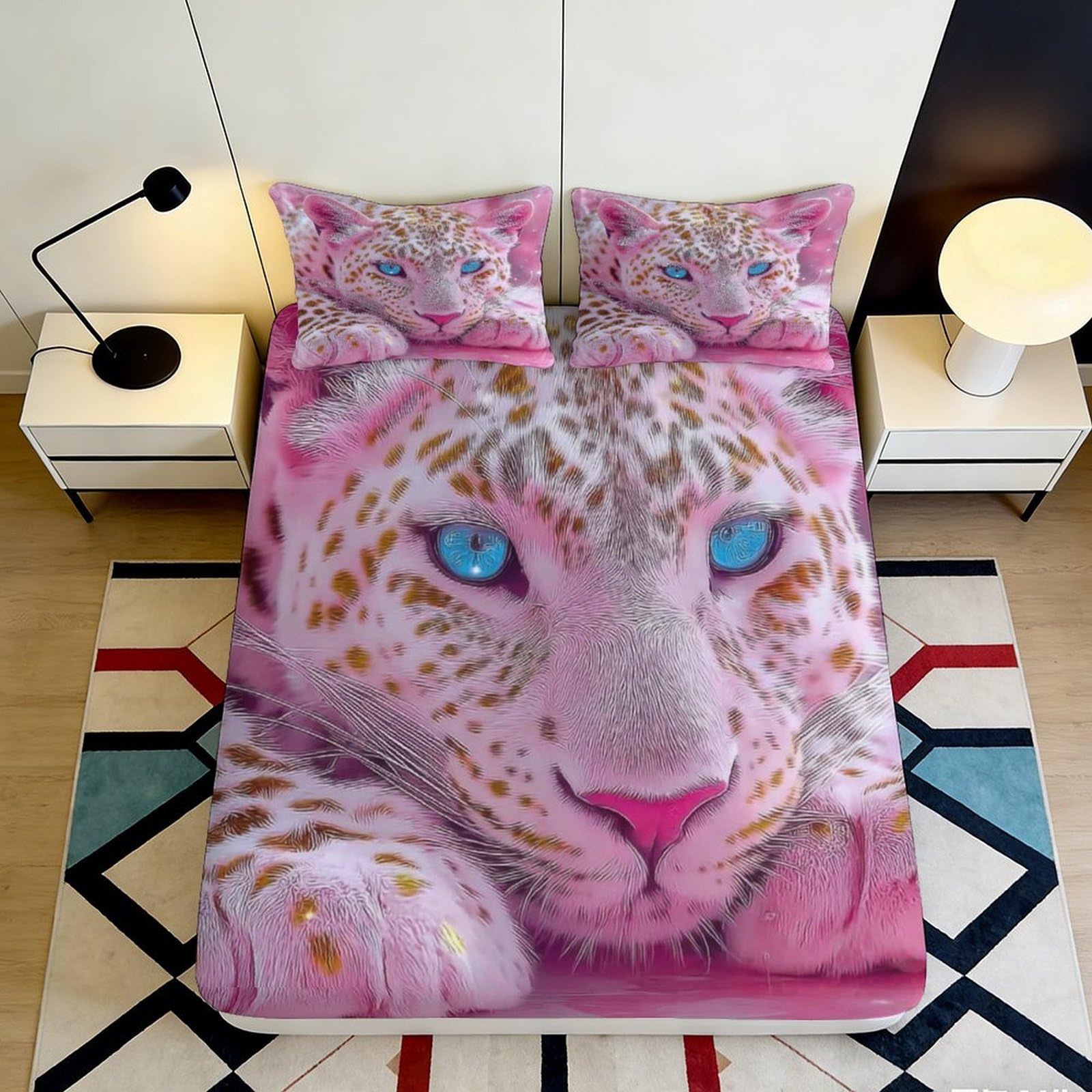 3D Printed Snow Leopard Fitted Sheet Microfiber Deep Pocket Non-Slip Snow Leopard Mattress Fitted Cover for Bedroom 200x200x25cm 90x200x25cm