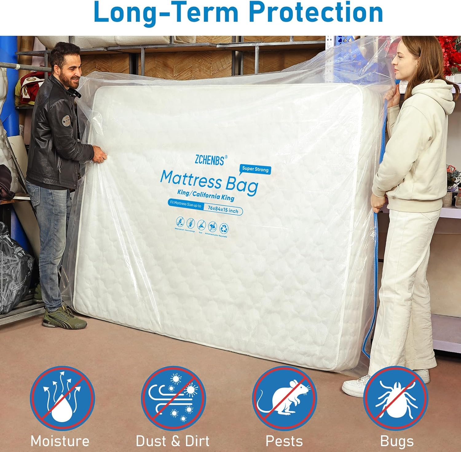 ZCHENBS® - King Mattress Bags for Moving, Waterproof Storage Bag with Zipper, Heavy-Duty 5 Mil Ultra-Thick California King Mattress Protector Cover for Moving, Reusable (Transparent/Blue, 2 Pack)