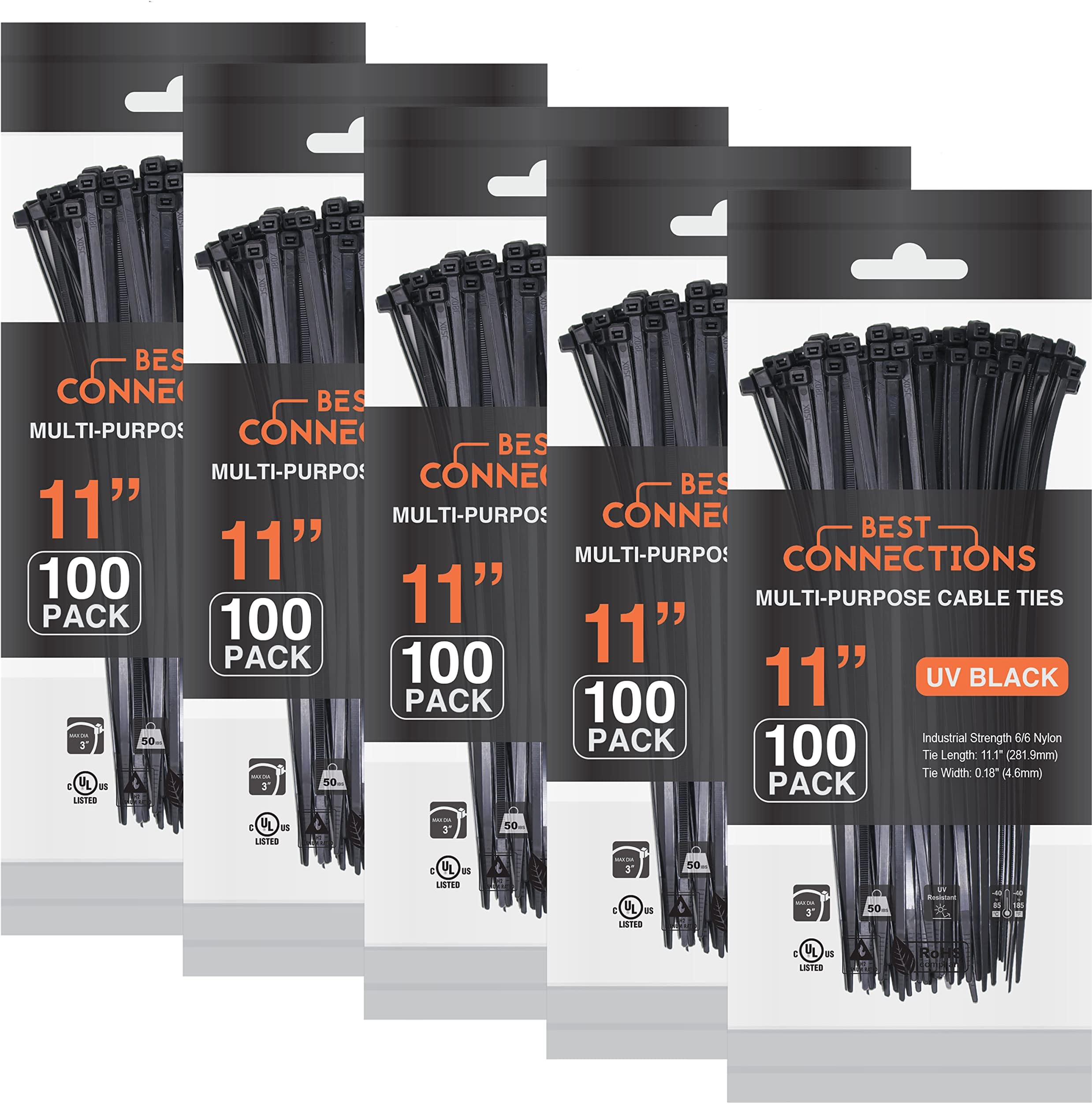 Black Zip Ties 500 Pack Cable Ties 11 Inch โ Multi-Purpose Self-Locking Nylon Wire Ties with 50 Lbs Tensile Strength โ Cable Management Ties for Outdoor & Indoor