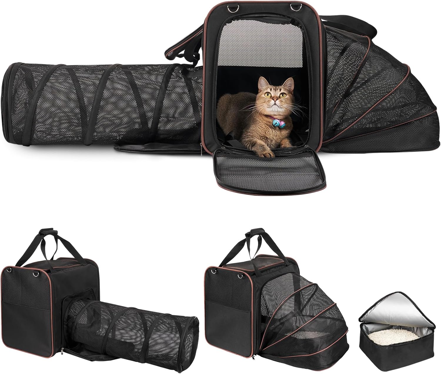 Cat Carrier with Litter Box – INRLKIT Expandable Cat Travel Carrier with Breathable Mesh Tunnel, Portable Pet Carrier for Car Travel, Up to 25 lbs for Travel Hiking Camping Outdoor (Black)