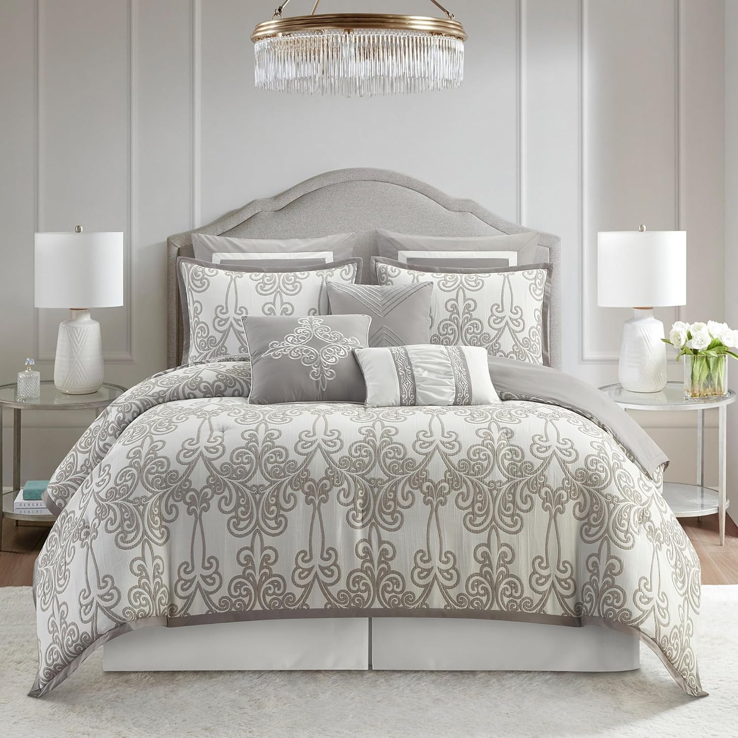 Stratford Park Smoke Grey Comforter Set California King Size, 9 Piece Jacquard Floral Bedding Set, All Season, Ultra-Soft, Matching Pillows & Shams, Bed Skirt