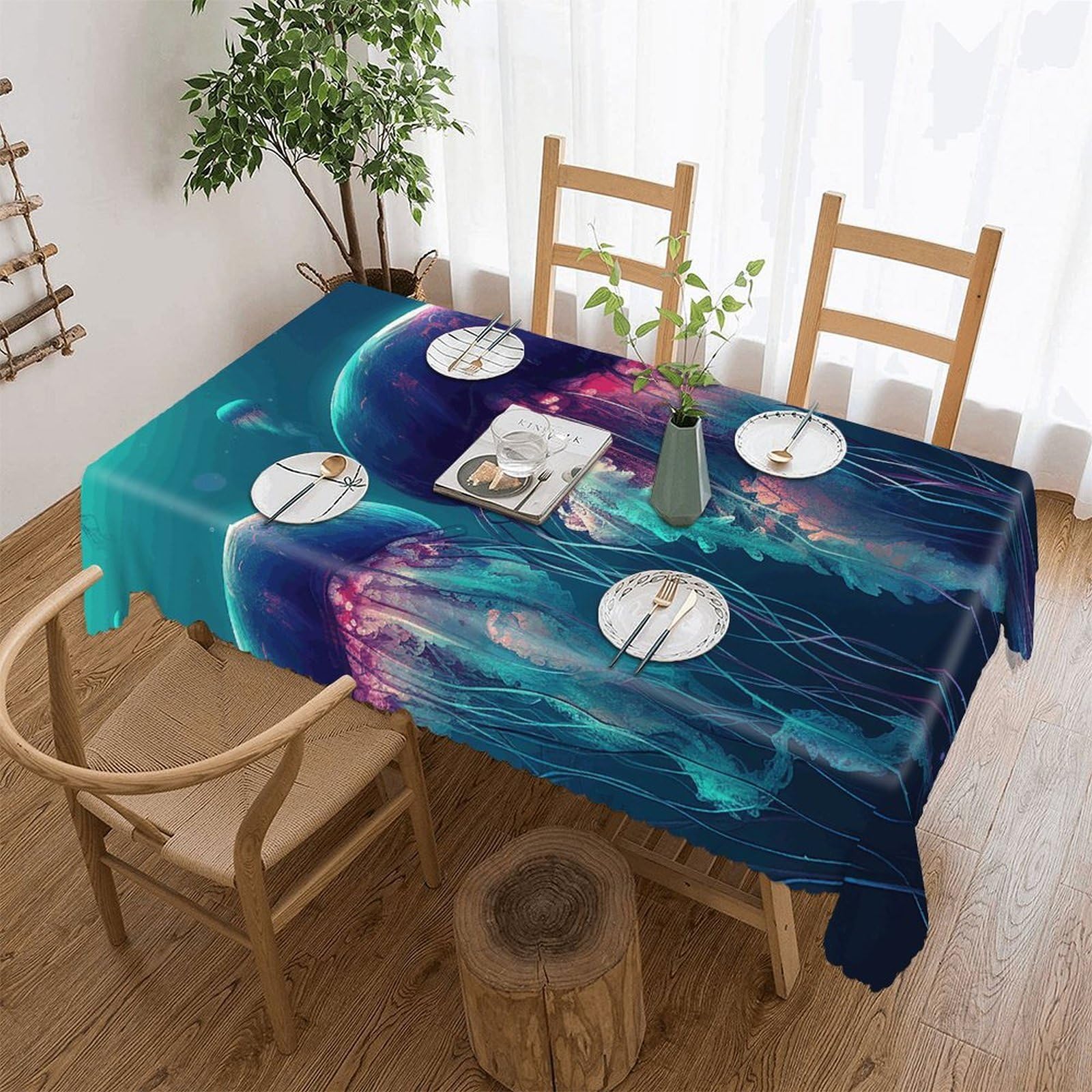 Nappe de table méduses colorées 137x183cm lavable en tissu décoratif