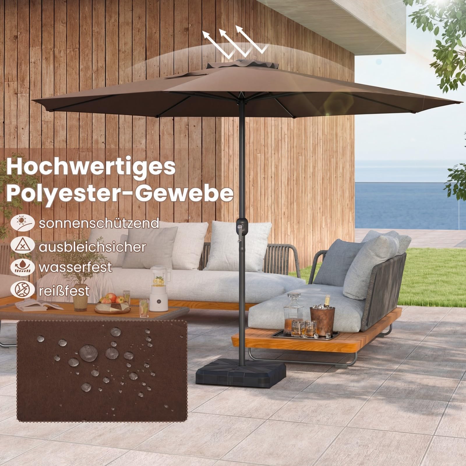 RELAX4LIFE Sonnenschirm 350 cm, großer Gartenschirm mit Kurbel, Terrassenschirm mit 8 Rippen, Balkonschirm UV Schutz, Marktschirm wasserabweisend, Kurbelschirm für Garten, Terrasse, Pool (Braun)