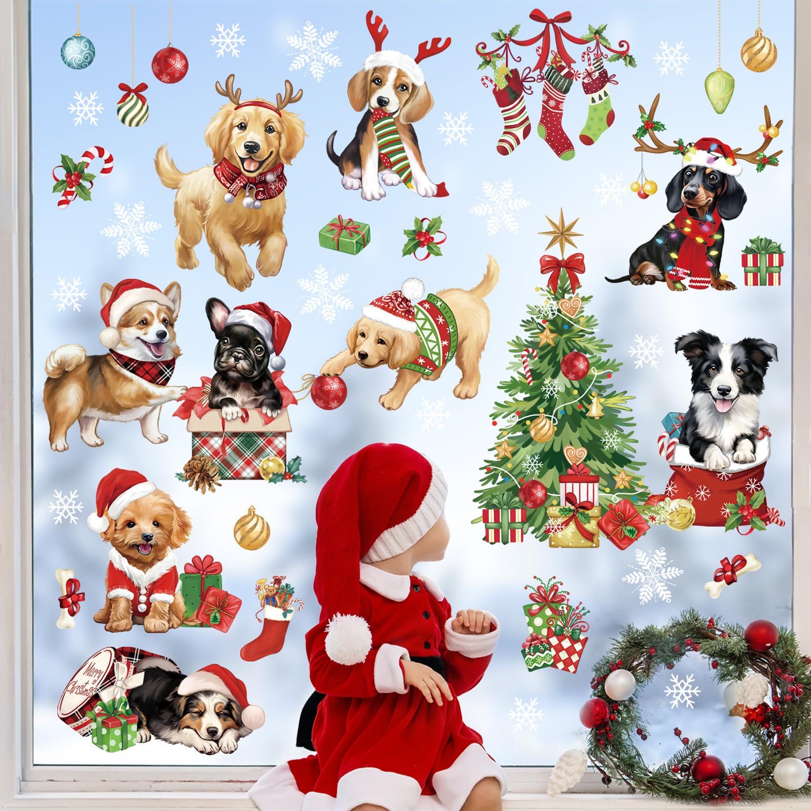 Wondever Christmas Dog Puppy Window Clings - Pet Dogs Christmas Tree Glass Sticker Decal, Anti-Collision Double-Side Static Decals for Christmas Party