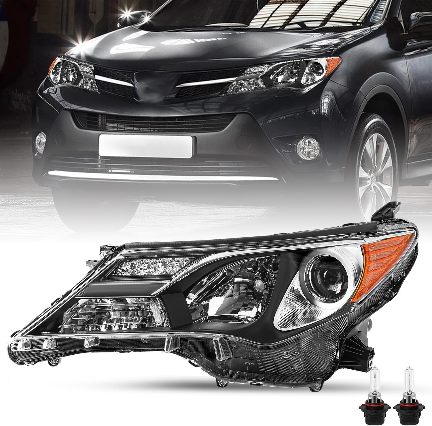 Headlight Assembly Fit for 2013 2014 2015 Rav4, 13 14 15 Rav 4 OE Style Halogen Headlamp Replacement Left Driver Side with Bulbs