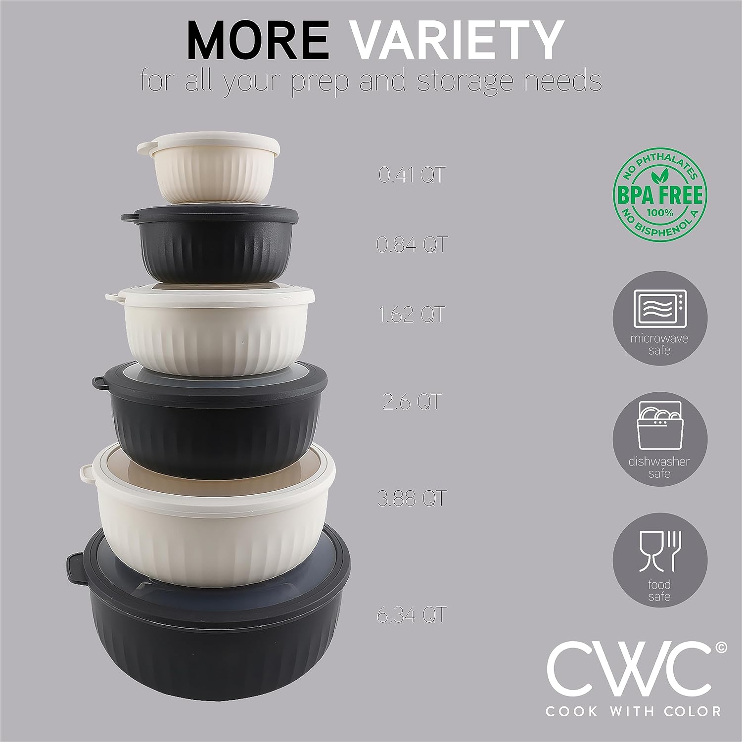 COOK WITH COLOR Prep Bowls with Lids- Wide and Deep Nesting Plastic Small Mixing Bowl Set with Lids, 12 Piece Set - Wide Bowls, Speckled Black - Image 5