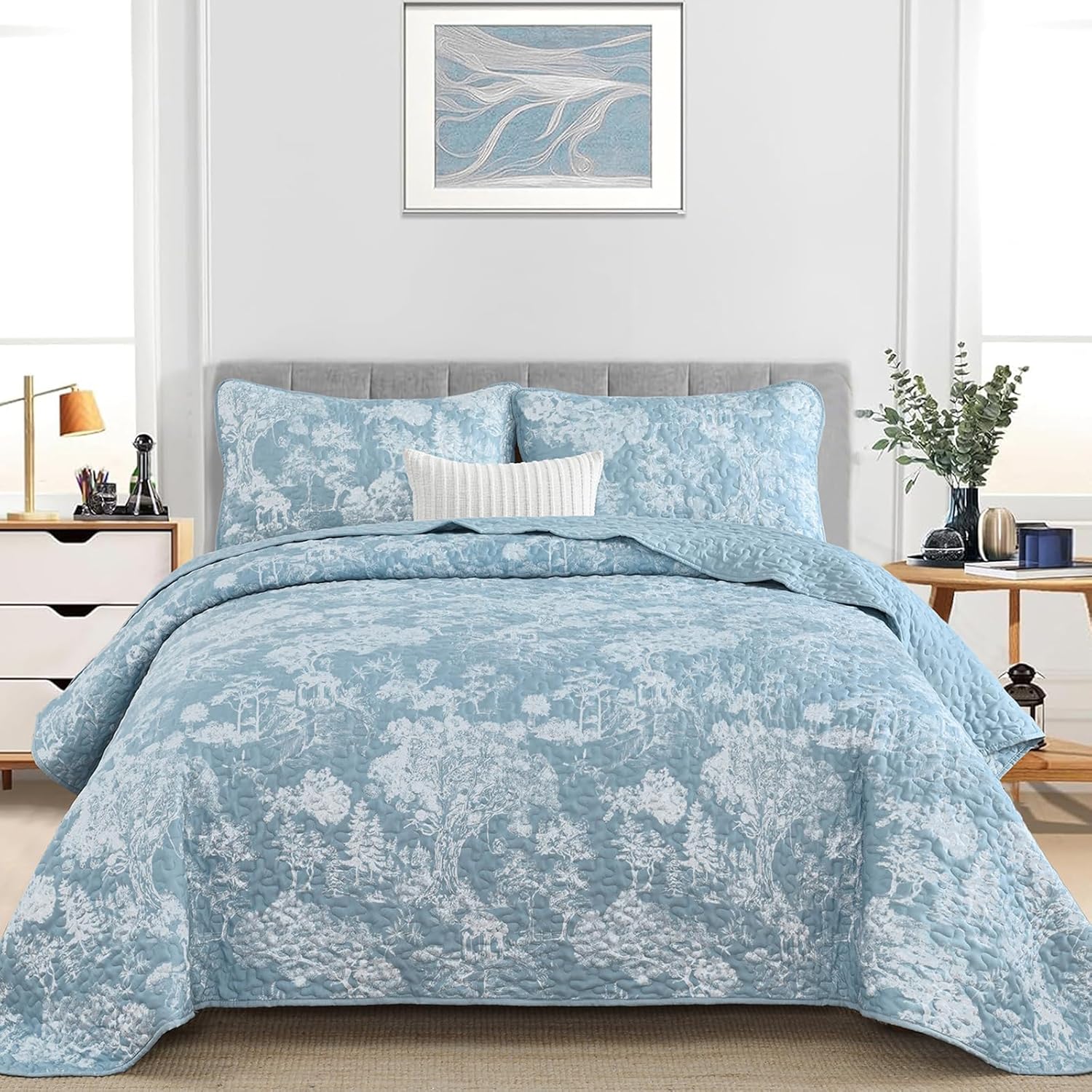 WONGS BEDDING Botanical Quilt Set Queen Size, Aqua 3 Pieces Toile Floral Plants Printed Bedspread Bedding Set Soft Lightweight Microfiber Coverlet Set for All Season (96"x90") - Image 2