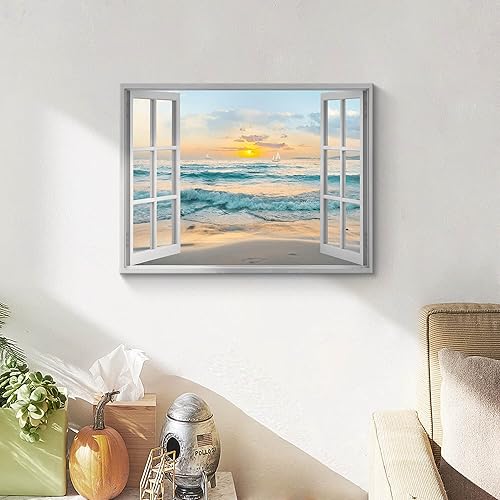 Miniatura 5 de Arte de Lienzo de Ventana Abierta para Pared Paisaje Costero de Playa al Atardecer Vista de Ventana Falsa Imagen Olas Azules del Océano Pintura de