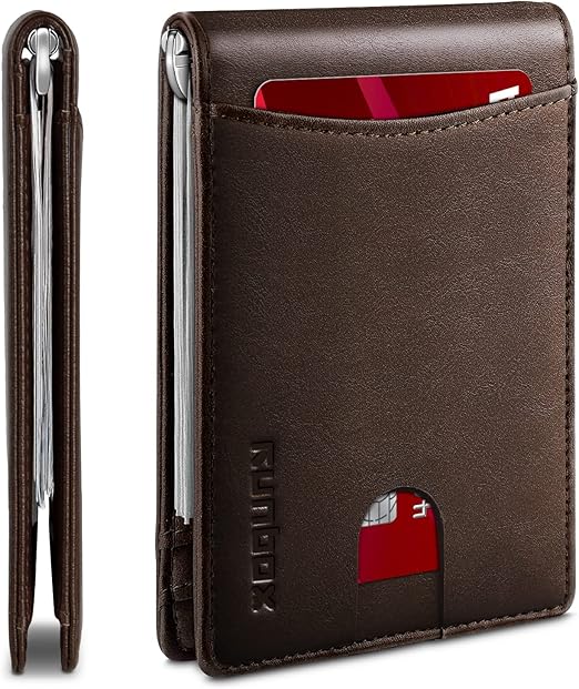 RUNBOX Slim Wallet for Men Genuine Leather RFID Blocking Bifold Minimalist Front Pocket Mens Wallet with Money Clip Thin Gift Box