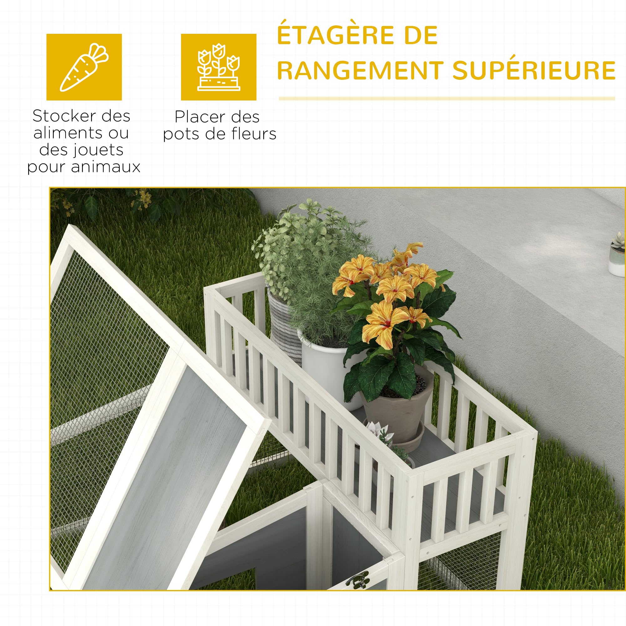 PawHut Clapier, Cage à Lapin en Bois avec étagère pour Plantes Grand Espace en Bois, Plusieurs Portes - Dim. 94L x 90l x 60H cm - Gris et Blanc