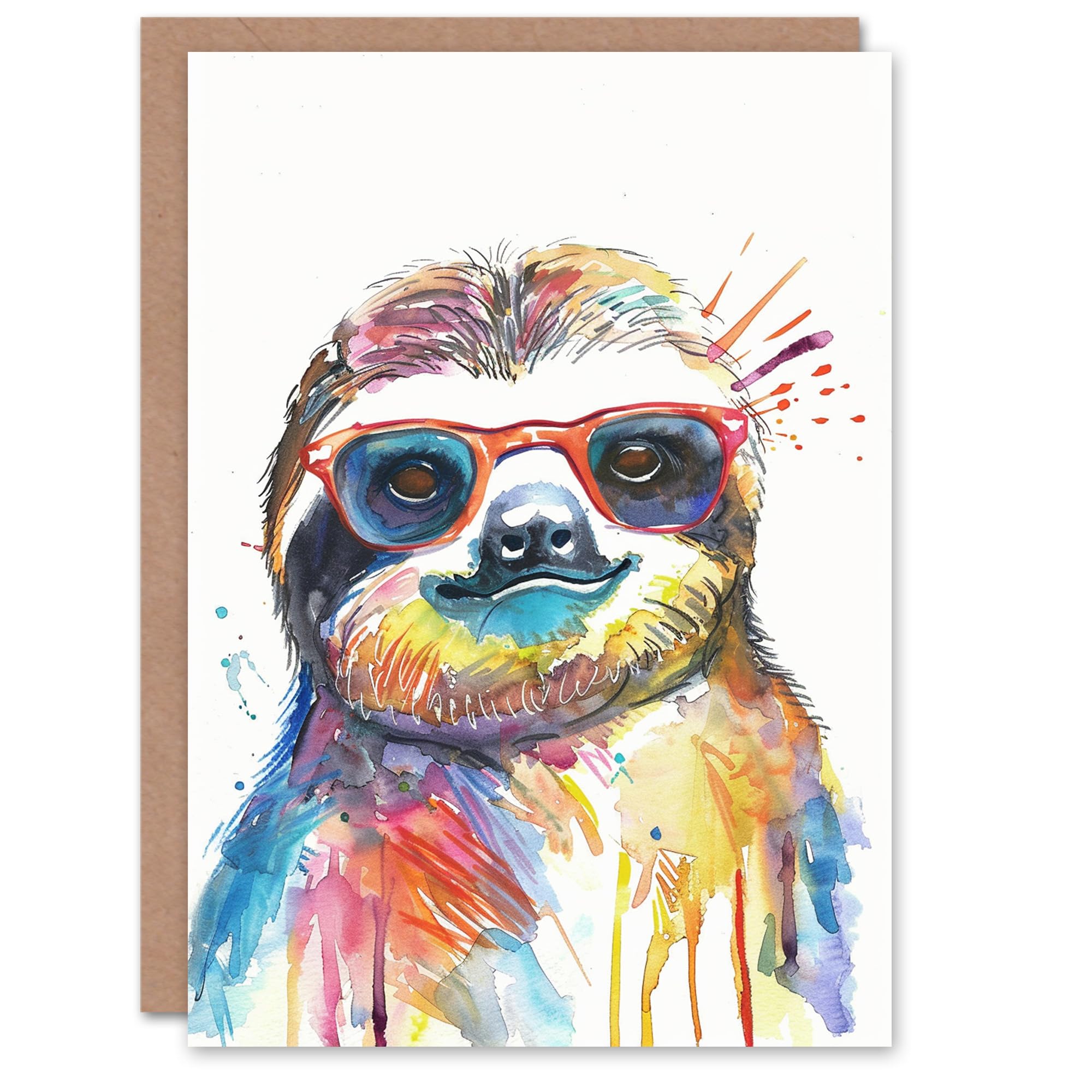 Artery8 Colourful Watercolour Sloth Sunglasses Cute Smile Blank For Him Or Her Art Birthday Card