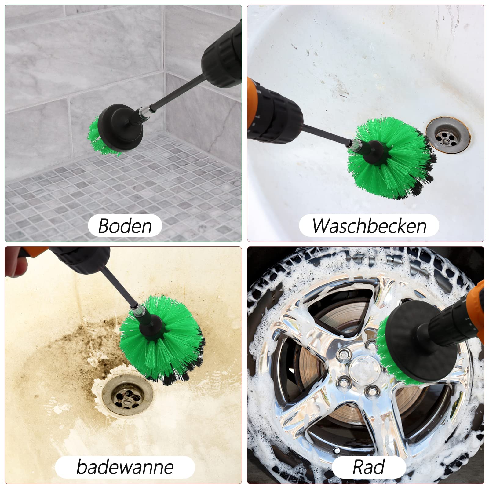 VIBRATITE Set di 20 spazzole per trapano a batteria, spazzola per la pulizia dei cerchioni, kit per la pulizia dei cerchioni, Power Scrubber per bagno, cerchioni e tappezzeria, verde