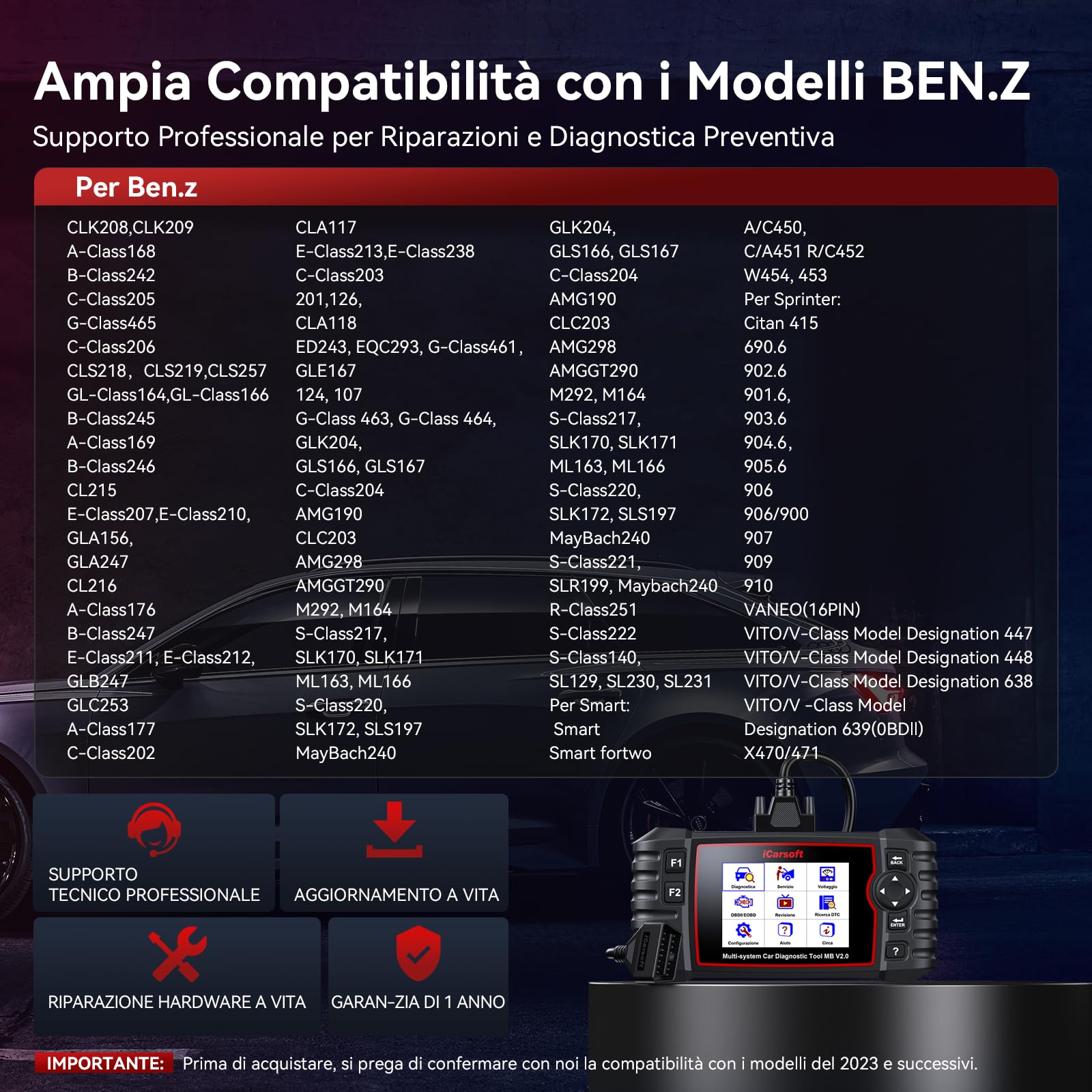 iCarsoft MB V2.0 OBD2 Auto Diagnostica per Ben.z/Sprinter/Smart, Diagnosi Auto in Italiano per Tutti i Sistemi, 9 Funzioni di Ripristino, Olio/EPB/BMS/ETC/SAS/INJ/TPMS/DP-F/ABS, Aggiornamento a Vita