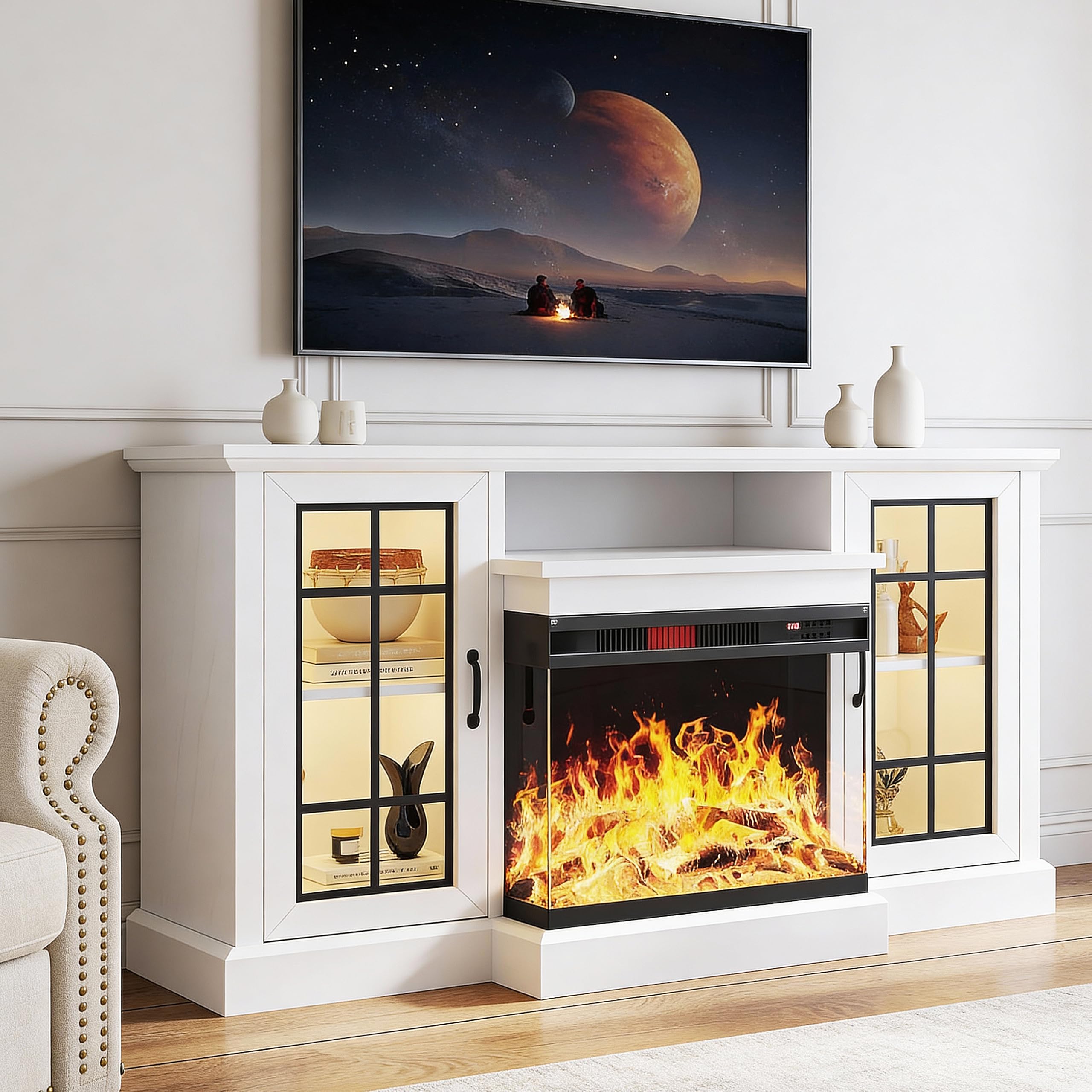 Photo 1 of **PARTIAL SET/FIREPLACE INSERT ONLY/BOX 2 OF 2 ONLY***OneBlis 59'' TV Stand, 3 Sided Glass Media Entertainment Center Console Table for TVs up to 65'' with Glass Door, Adjustable Flame LED Color for Living Room, White