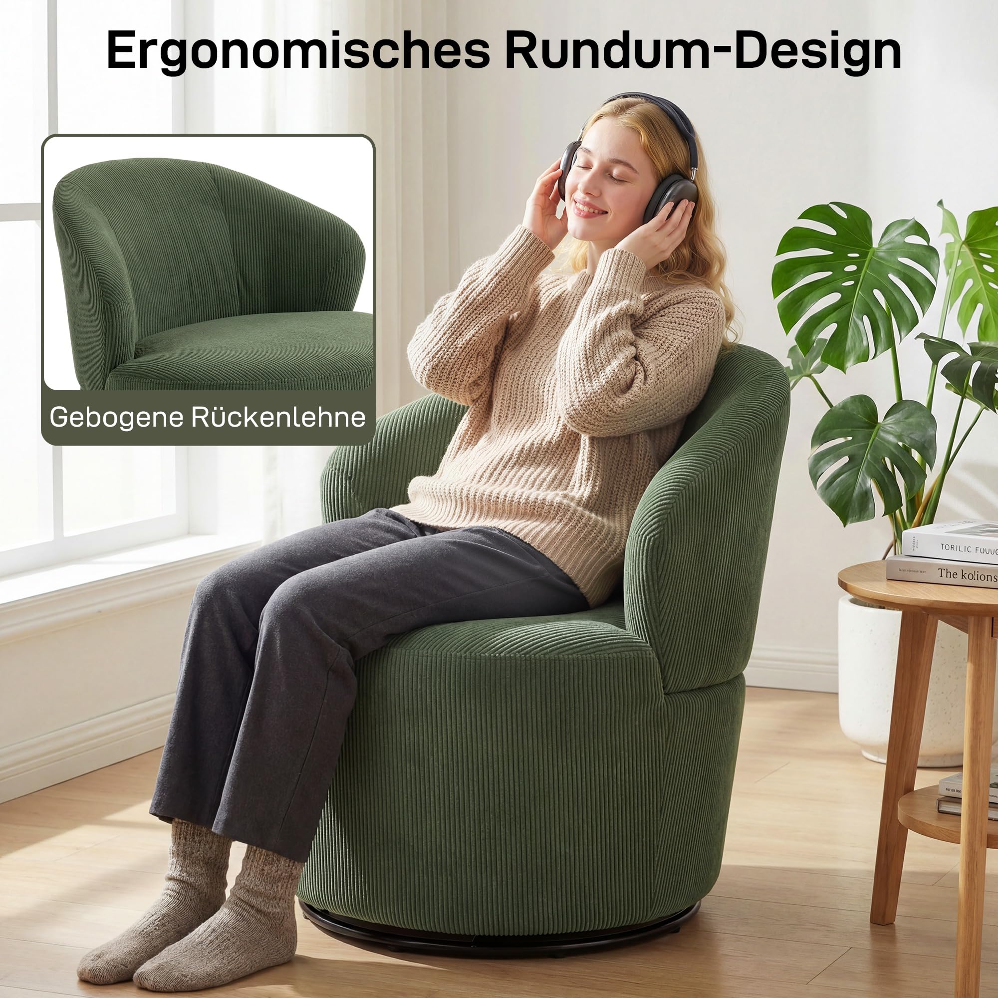 HOMCOM Sessel Drehbar Loungesessel mit Breitem Sitz Moderner Polstersessel mit Geschwungene Rückenlehne und Dicker Polsterung Relaxsessel mit Cord-Optik für Wohnzimmer, Schlafzimmer, Grün