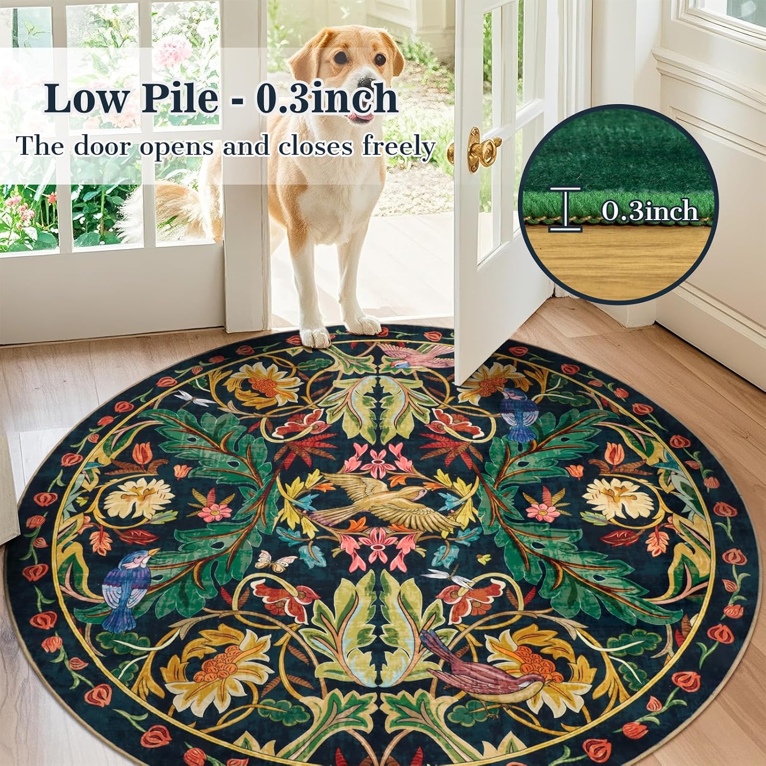 nesrt Washable Round Area Rugs 5ft for Living Room, Soft Non-Slip Boho Circle Kids Bedroom Rug, Low Pile Botanical Farmhouse Birds Throw Carpet for Dining Room Nursery Playroom (Dark Green)