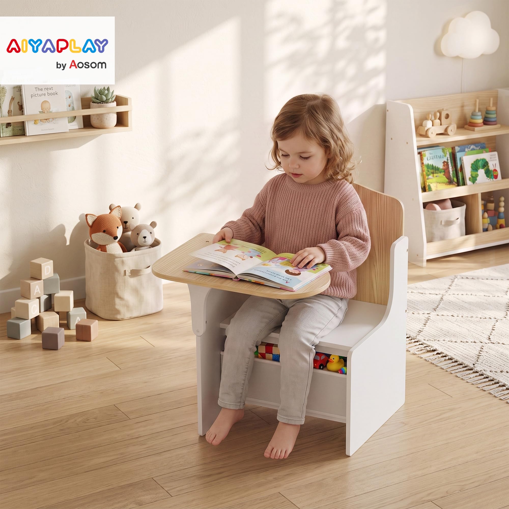 AIYAPLAY Bureau et Chaise pour Enfants avec Bac de Rangement 3-5 Ans Blanc