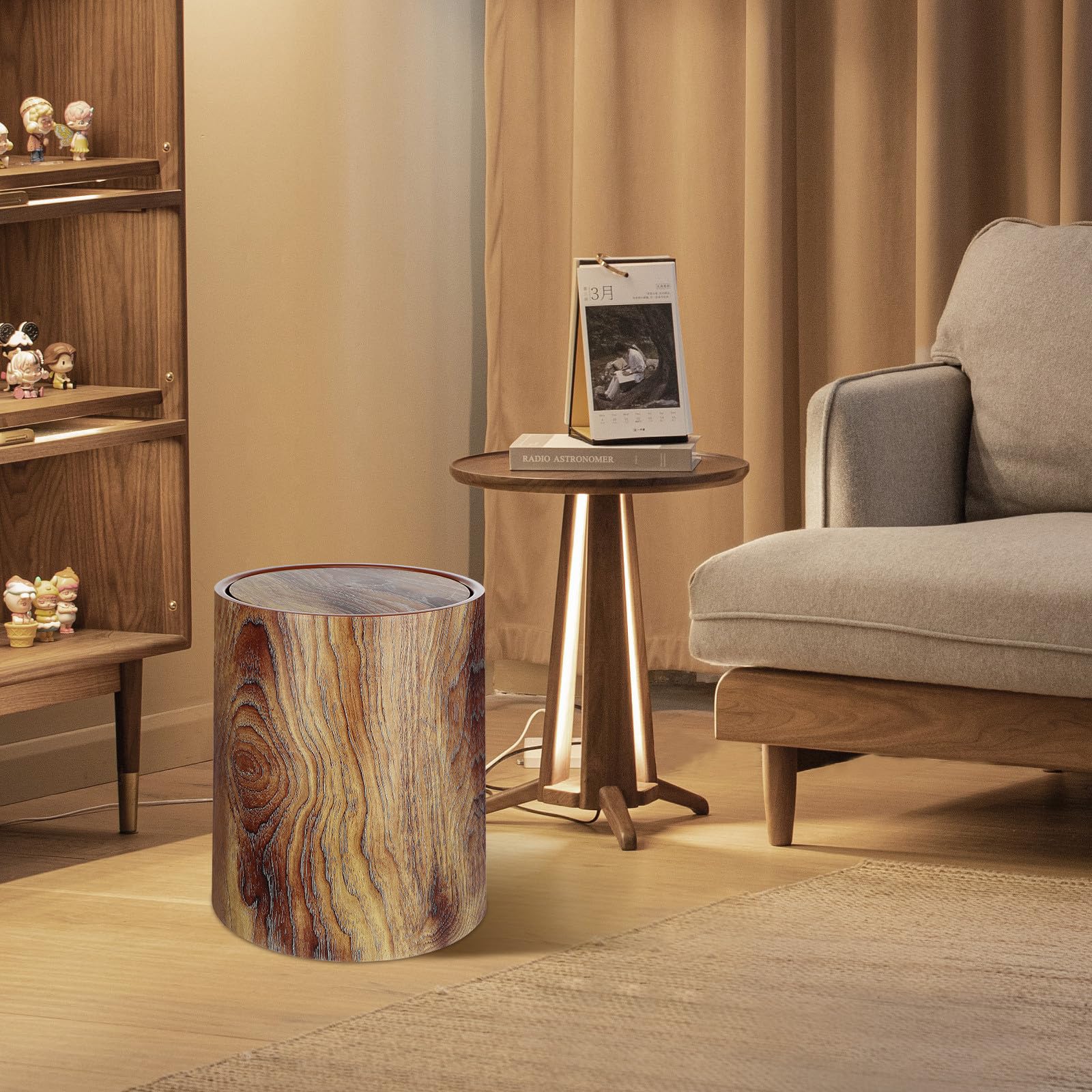 Alipis Mülleimer Pp Material 12l in Holzoptik mit Schwingdeckel Runder Leicht zu Reinigen Vielseitig Einsetzbar und Dekorativ für Büro und Wohnzimmer