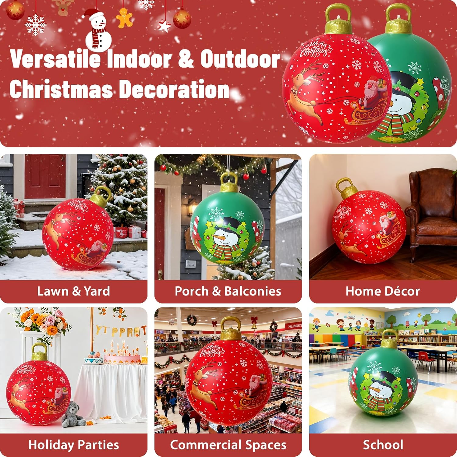 2PCS Inflatable Christmas Ball - 24 Inch Giant PVC Inflatable Ornament Christmas Balls,Outdoor Decorated Ornament Ball Red Blow up Balls for Outside Xmas Lawn Porch Holiday Yard Lawn Decoration - Image 6