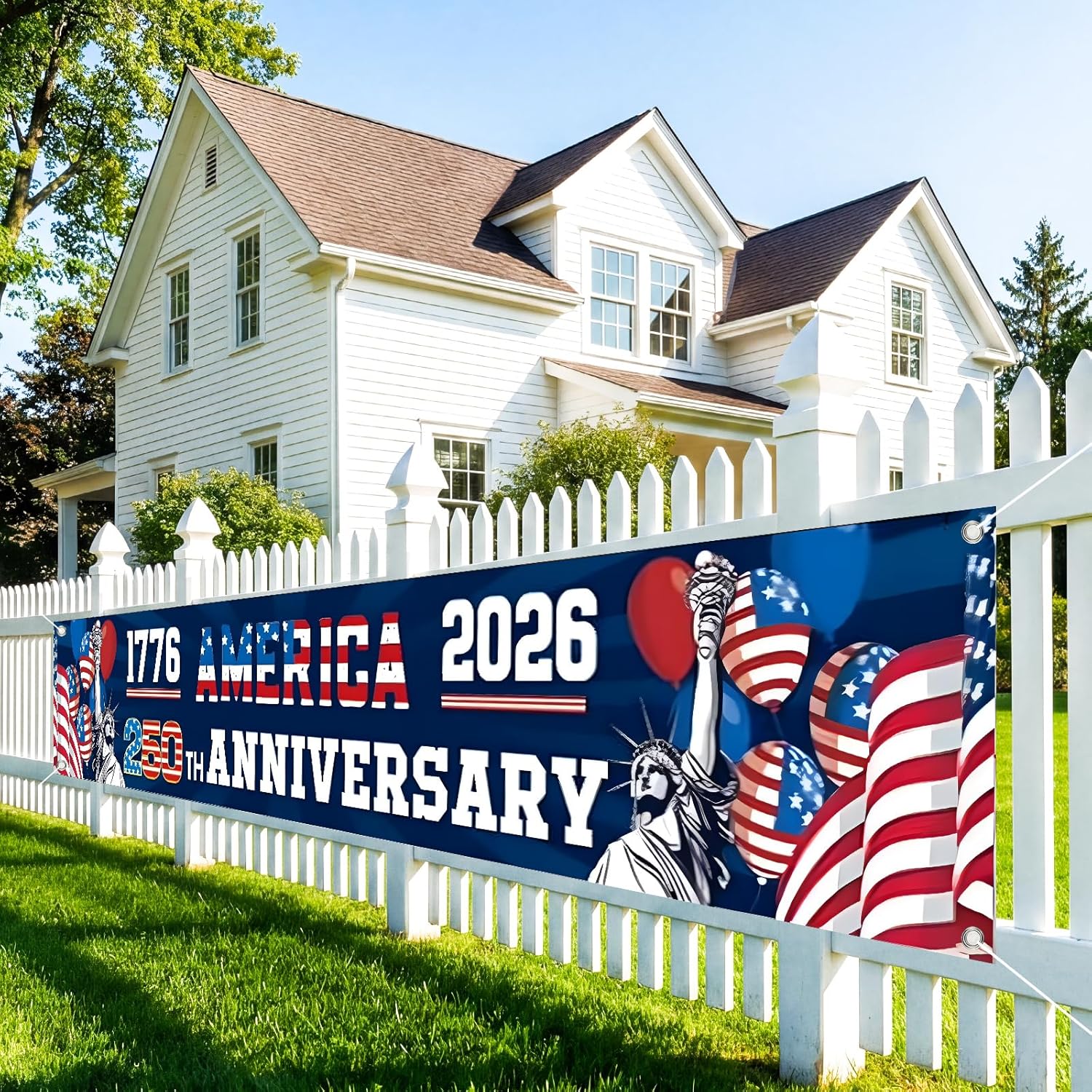 USA 250th Anniversary Decoration Set 30 PCS 4th of July Decorations Porch Banners 1776-2026 250 Years Birthday America Banner Flag 120" x 20" Red White and Blue Paper Fans Patriotic Party Supplies