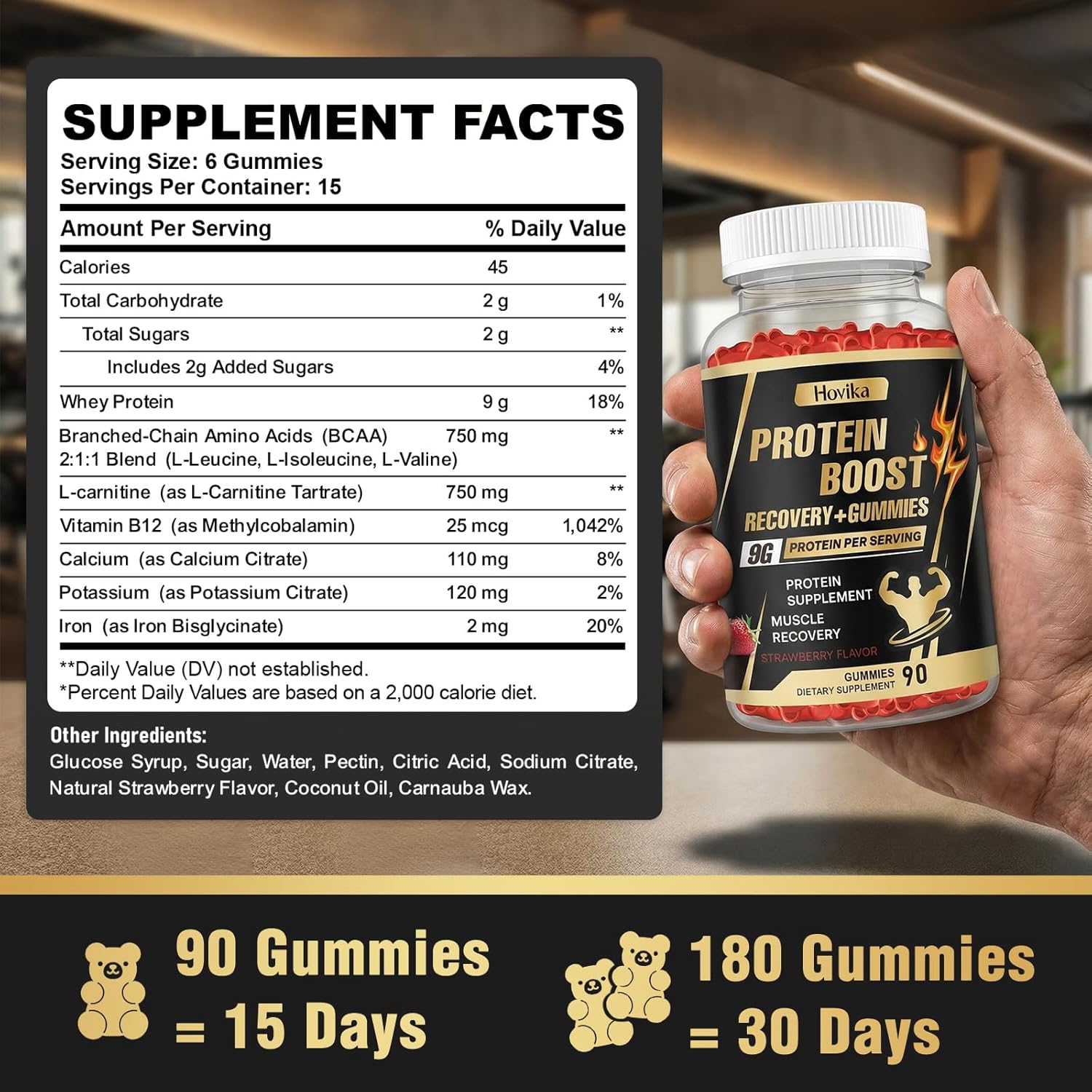 Whey Protein Gummies, 9g Protein per Serving, Easy to Take Snacks for Men & Women, Recovery + Supplement Gummies for Protein Boost, Muscle, Energy Support, Strawberry Flavor, 180 Gummies