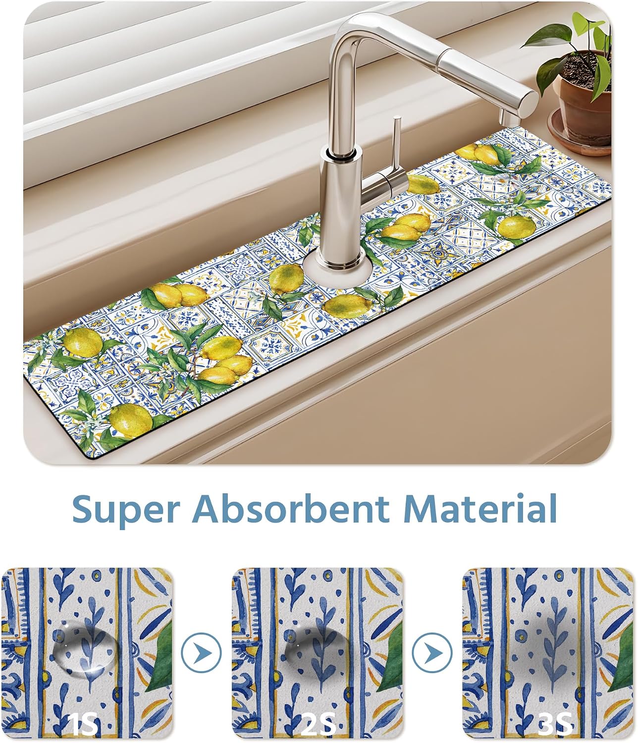 Patterned Sink Faucet Mat Kitchen Splash Guard Super Absorbent Drying Mat, Non-Slip Drain Pad for Kitchen Counter or Bathroom-24x5.5in