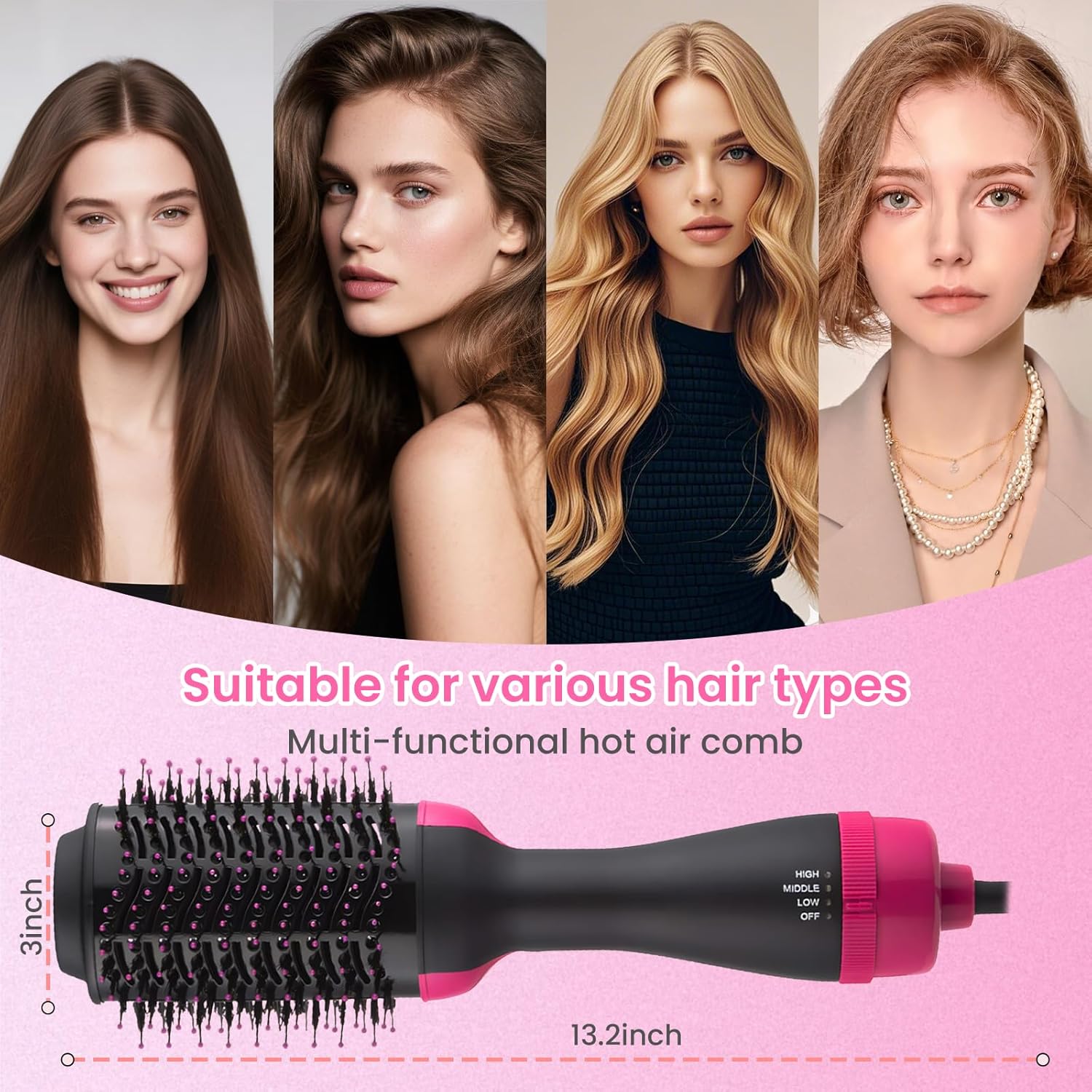 4-in-1 Hair Dryer Brush - Brush Blow Dryer Hot Air Styler for Frizz-Free Blowouts, Salon Volumizer & Straightener with ALCI Safety Plug, 3 Heat Settings