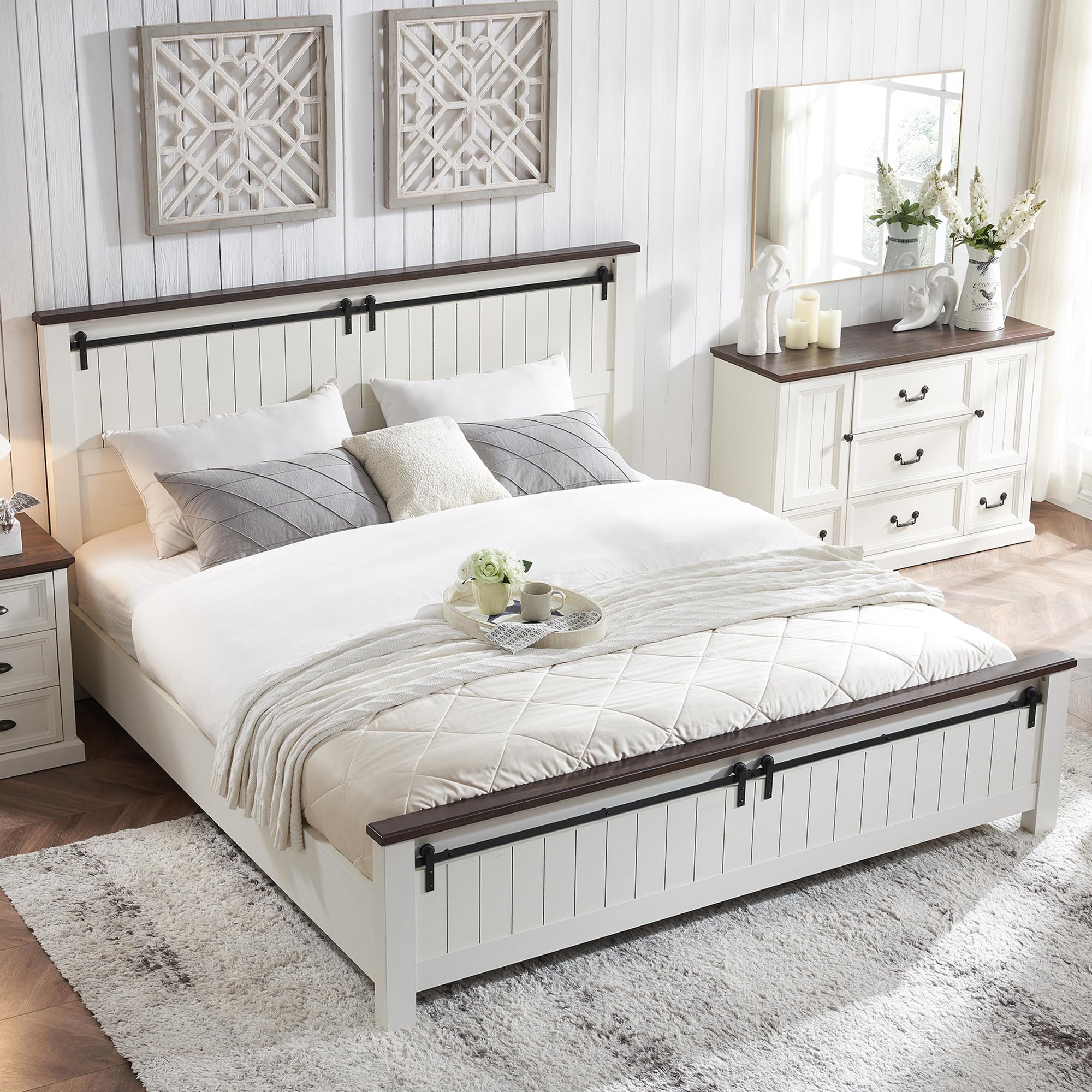 Farmhouse Queen Size Bed Frame with 47" Headboard, Wood Bed Frame with Groove Sliding Barn Door Footboard, Platform Bed with Wood Slats Support, No Box Spring Needed (White)