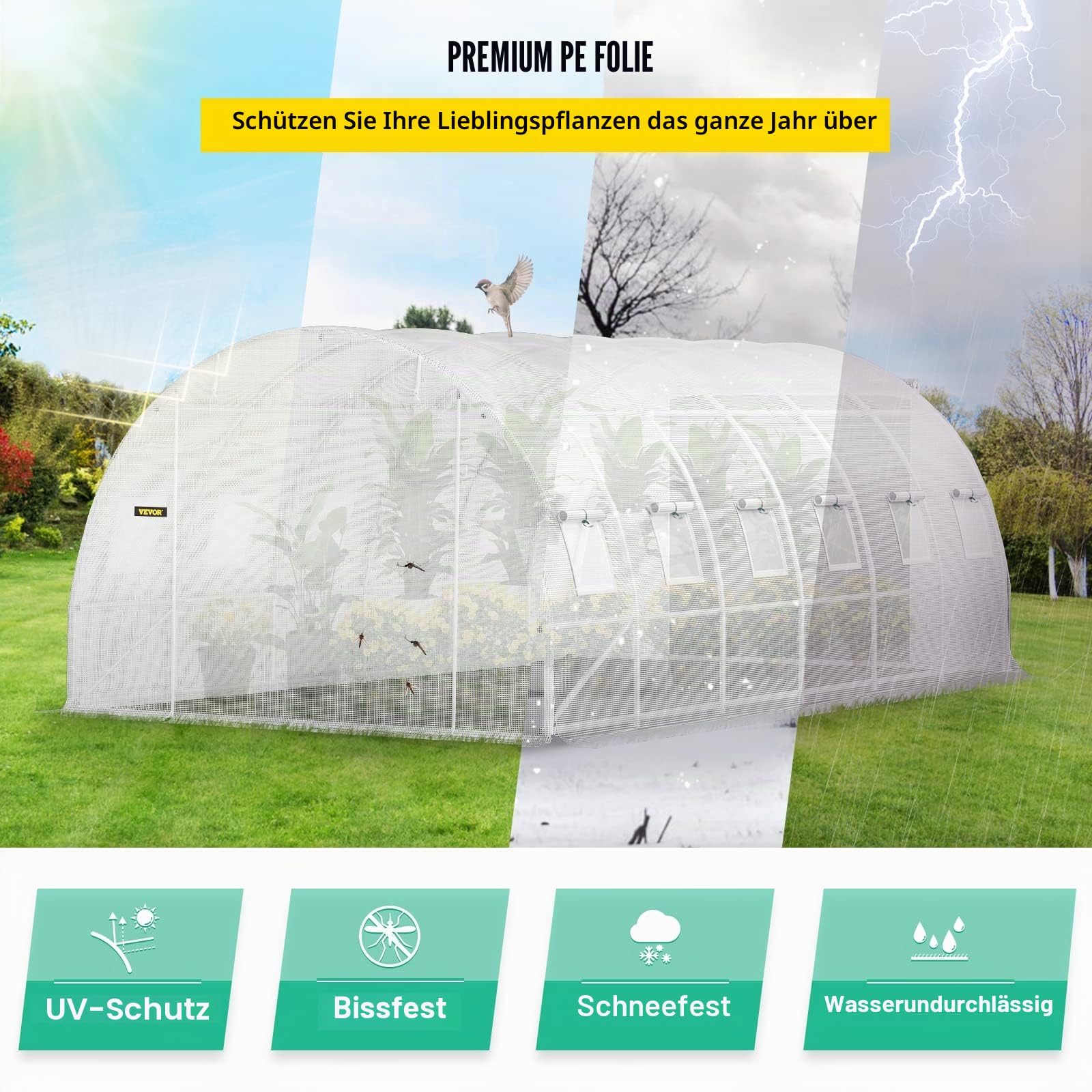 VEVOR Foliengewächshaus 6,1x3x2,1m Bogendach Gewächshaus Verzinkter Stahlrahmen 140 g/cm³ PE Mobiles Treibhaus Wasserdicht und UV-Beständig Frühbeet Geeignet für Anbau von Gemüse Blumen Pflanzen
