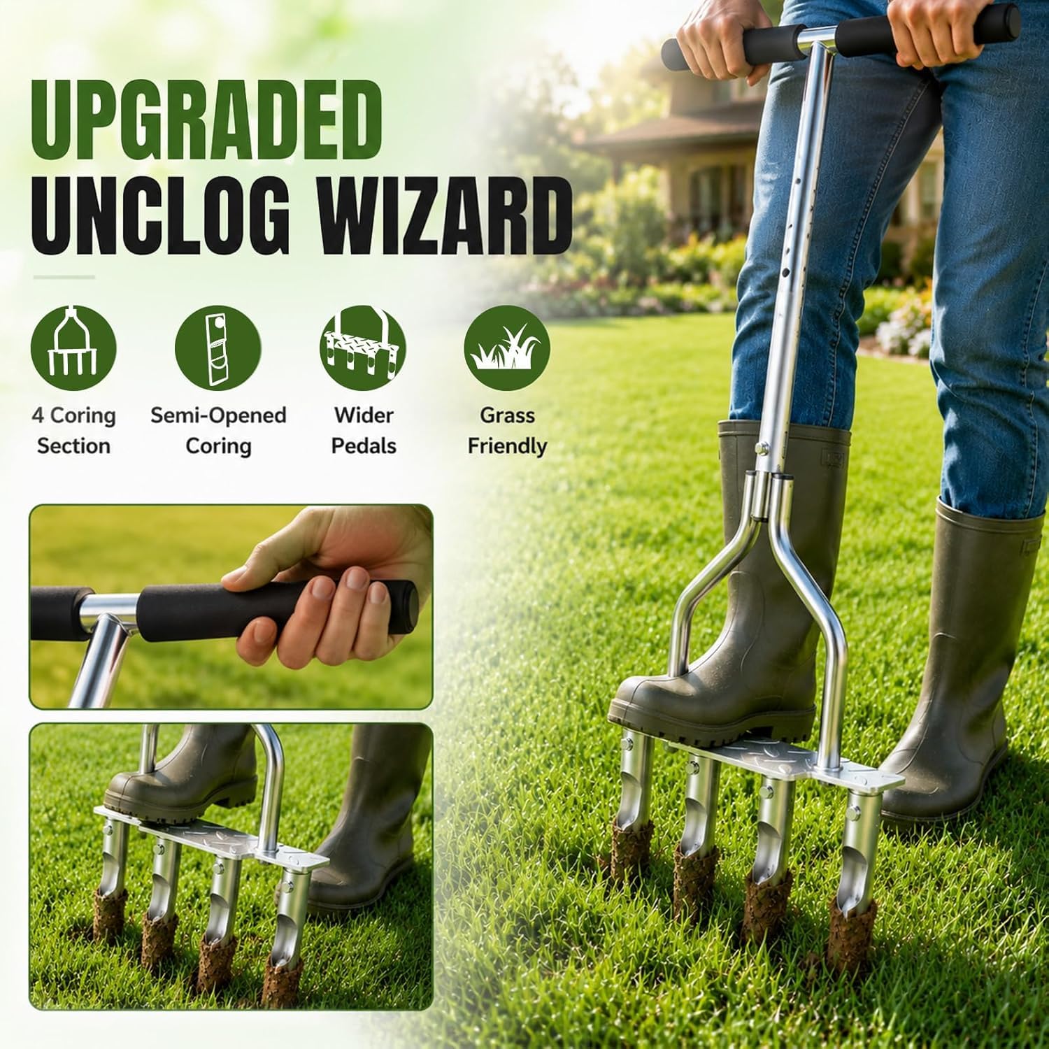Aerifizierer für Rasen, 4 Zinken Rasenlüfter Aerifizierer, 4 Kern Zinken Gras Manuelle Rasen Hohlspoon Belüfter mit Rutschfestem Griff, Hohlzinken für Verdichtete Böden Hof Garten Werkzeug, Schwarz