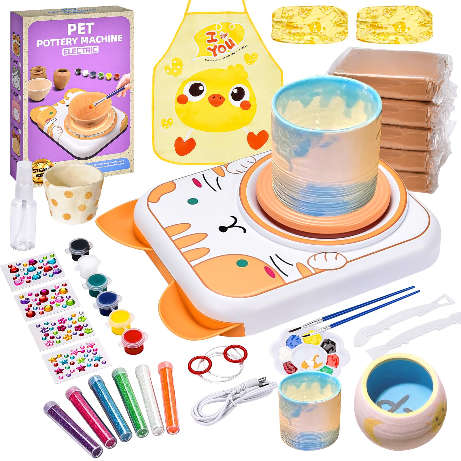 IEEILULU Ruota per Ceramica per Bambini, Kit Ruota in Ceramica Elettrica, Macchina per Ceramica con Argilla, Colori, Adesivi Diamantati, Regalo per Ragazze e Ragazzi (Gatto)