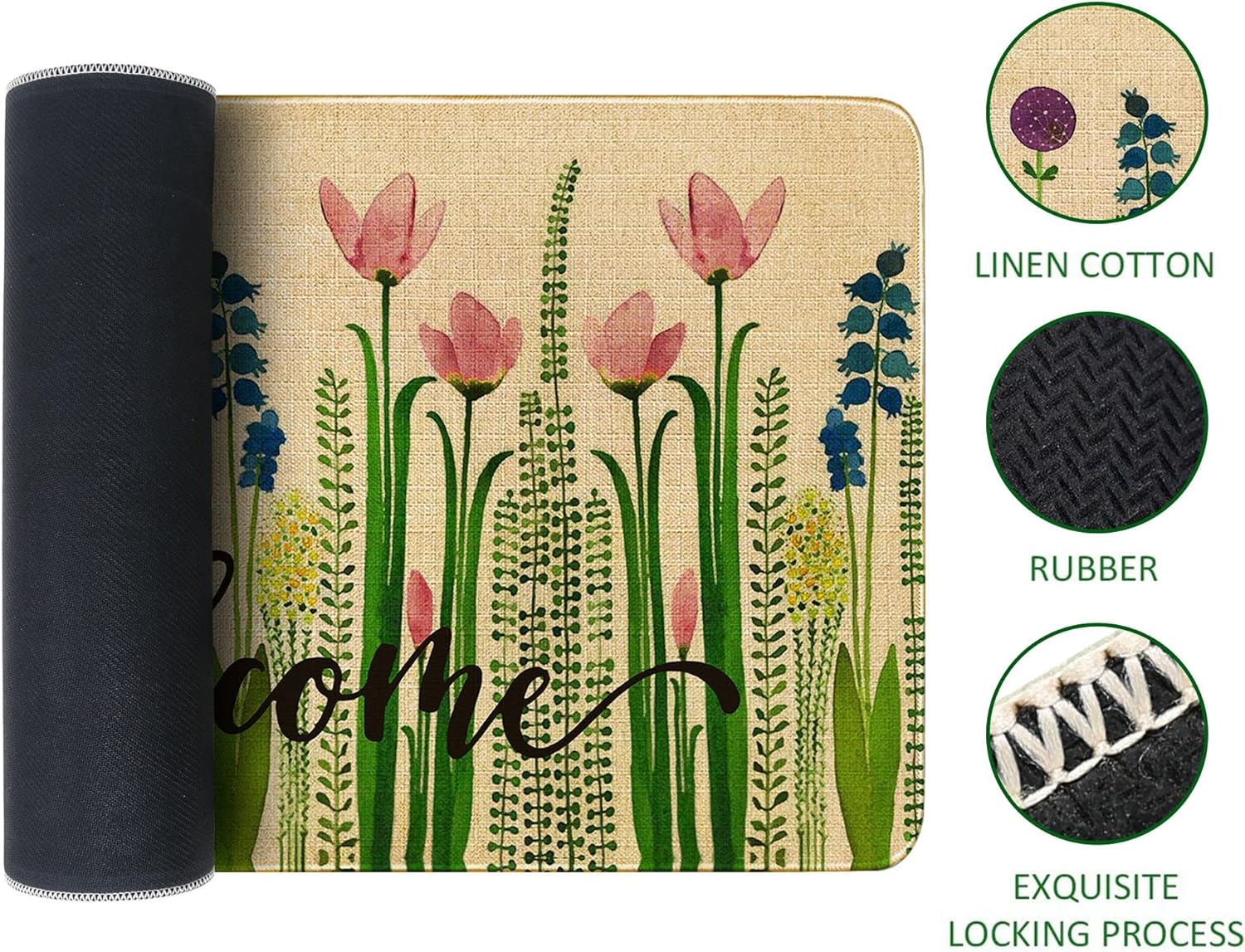 Welcome Doormat Tulip Linen Flowers Carpet Rubber Non-Slip Reusable Entrance Indoor Outdoor Mats 30”x17” Spring Summer Door Mat