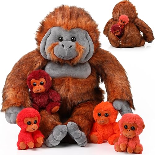 Miniatura 8 de Juego de 5 animales de peluche de gorila de peluche de 14 pulgadas, tamaño grande, mamá gorila con 4 gorilas de bebé con cremallera, peluches de