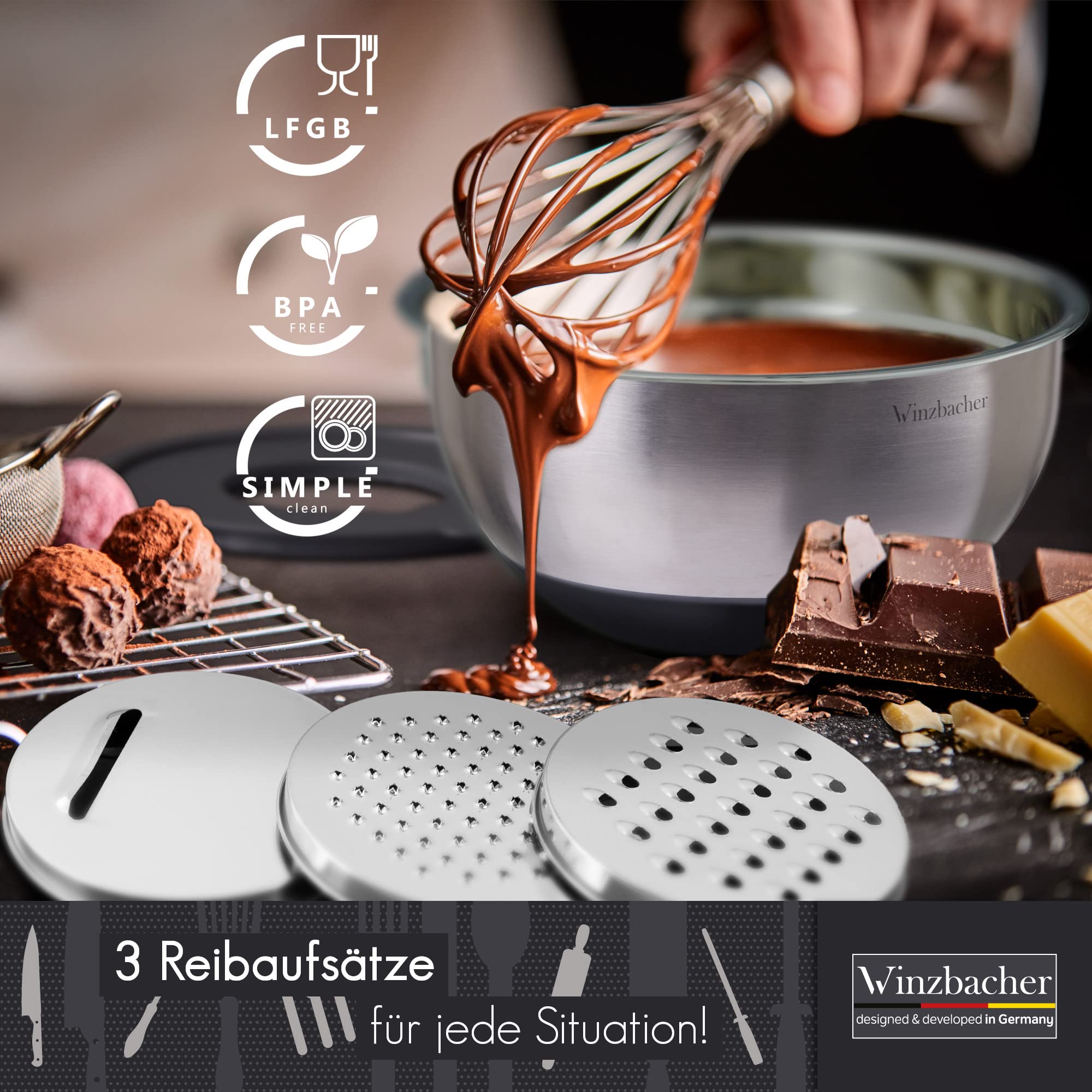 Winzbacher - Schüssel Set aus 304 Edelstahl mit Deckel [5er Set] 1l + 1.5l + 2.5l + 3.5l + 4.5l | Rührschüssel, Salatschüssel | Servierschüssel | rutschfest | stapelbar | inkl. Reibe