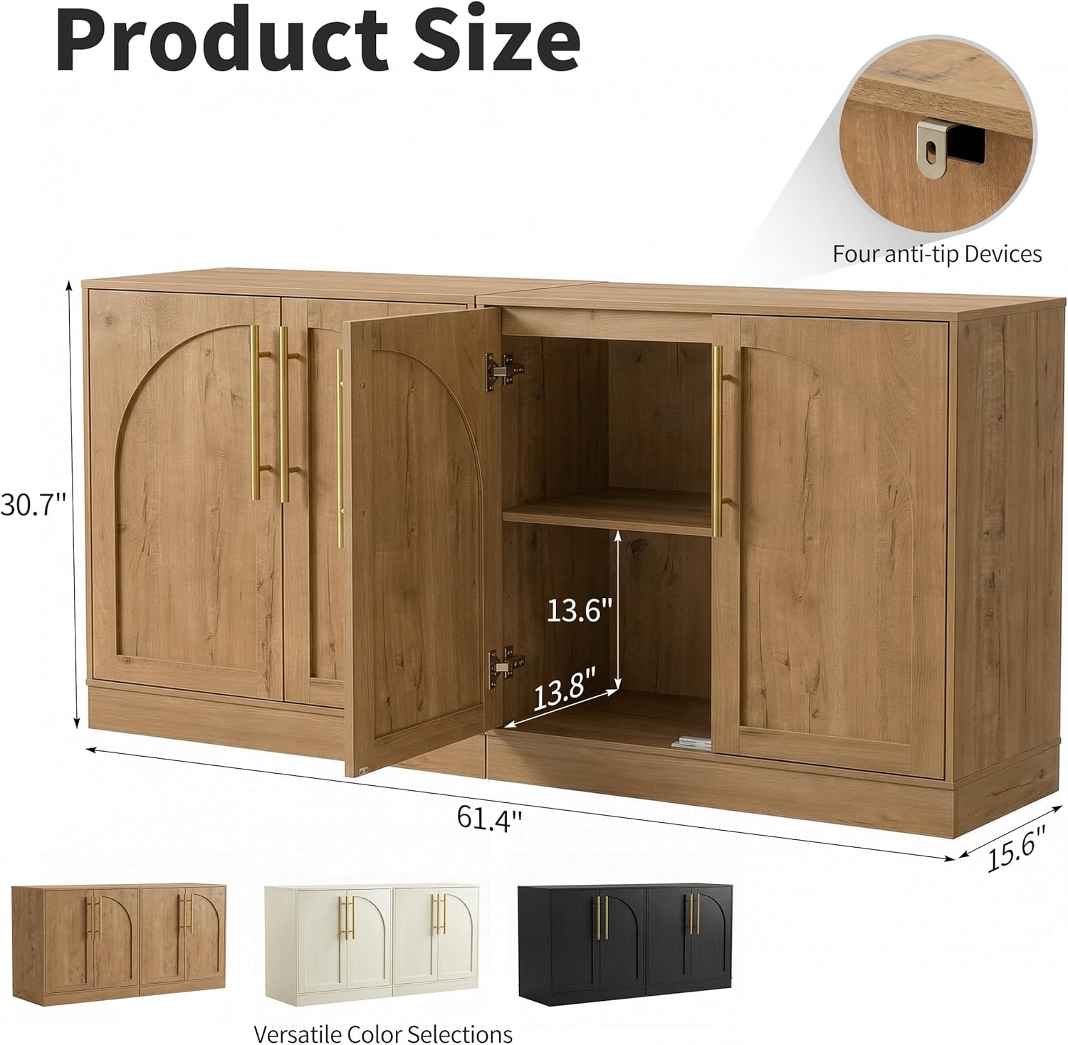 Anbuy Storage Cabinet, Freestanding Sideboard Buffet Cabinet with Arched Design, Adjustable Shelves Wooden Cabinet Ideal for Coffee Bar, Living Room (Oak, Set of 2)