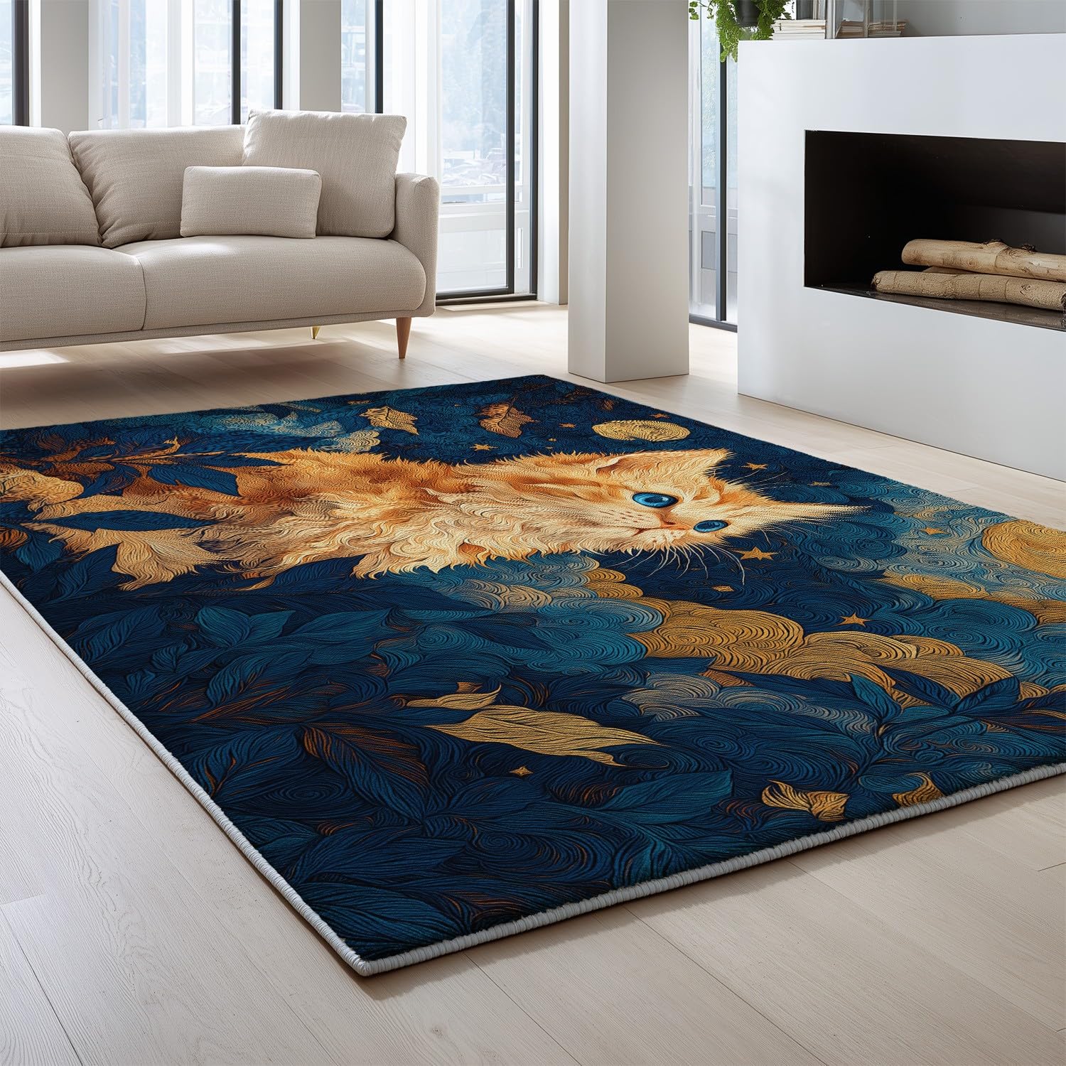 Generico Niebieski Złoty Antypoślizgowy Dywan Zmywalny 160 x 230 cm Wzór Kreskówka Gwiaździste Niebo Kot Dywany, Salon Sypialnia Krótkie Futro - Do Salonu Pokoju Domowego Dywany