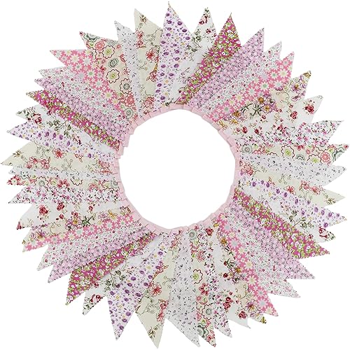 15M/50Ft Triangle Bunting Banner, 45 Pcs Pink Cotton Fabric Flags Vintage Garland Decorations for Baby Shower Birthday Garden Party Wedding Wall Decor