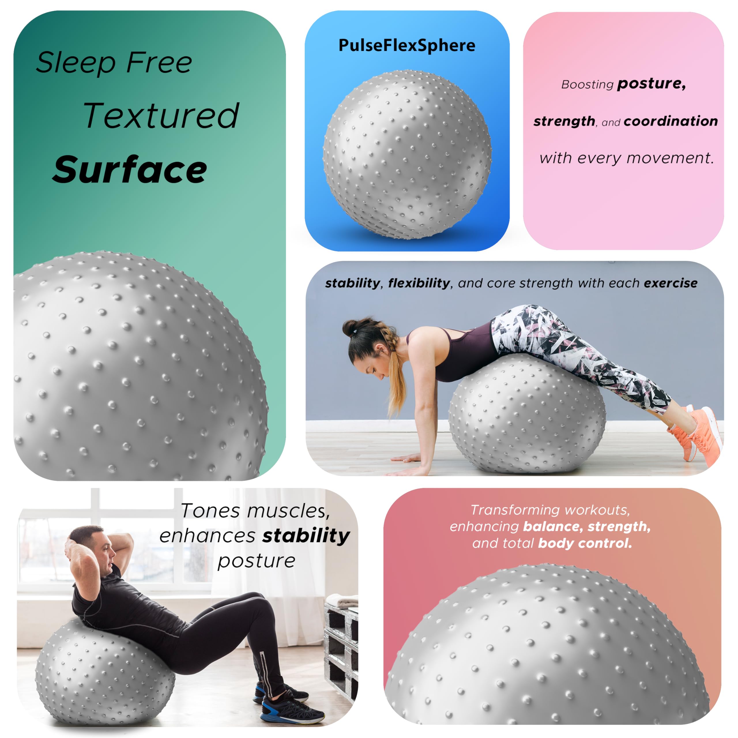 PulseITCoreSphere Anti-Burst Spiky Gym Ball with Foot Pump Exercise Stability Ball for Yoga, Pilates, Balance Training, Core Strength, Home & Office Fitness for Men & Women (75cm-Silver)
