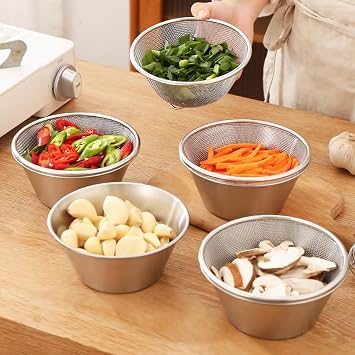 304 Stainless Steel Colander:Mini Strainer with Mixing Bowl, Versatile Rice Washer & Fruit Cleaning Bowl, Fine Mesh Kitchen Strainers for Vegetables Washing & Draining Rice, Fruit (silver)