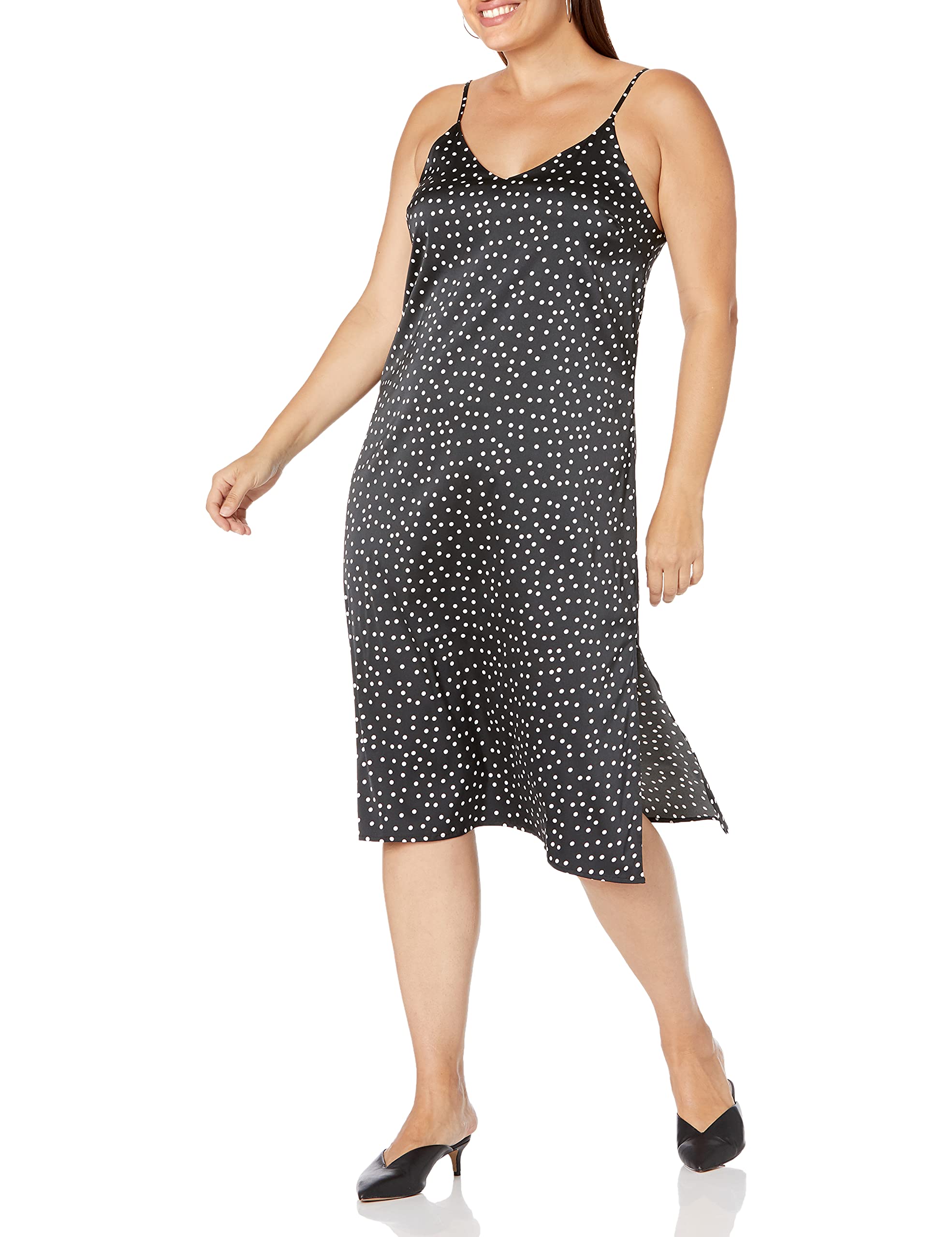 The Drop Ana Vestido de estilo lencero de largo medio y efecto de seda con cuello de pico Mujer