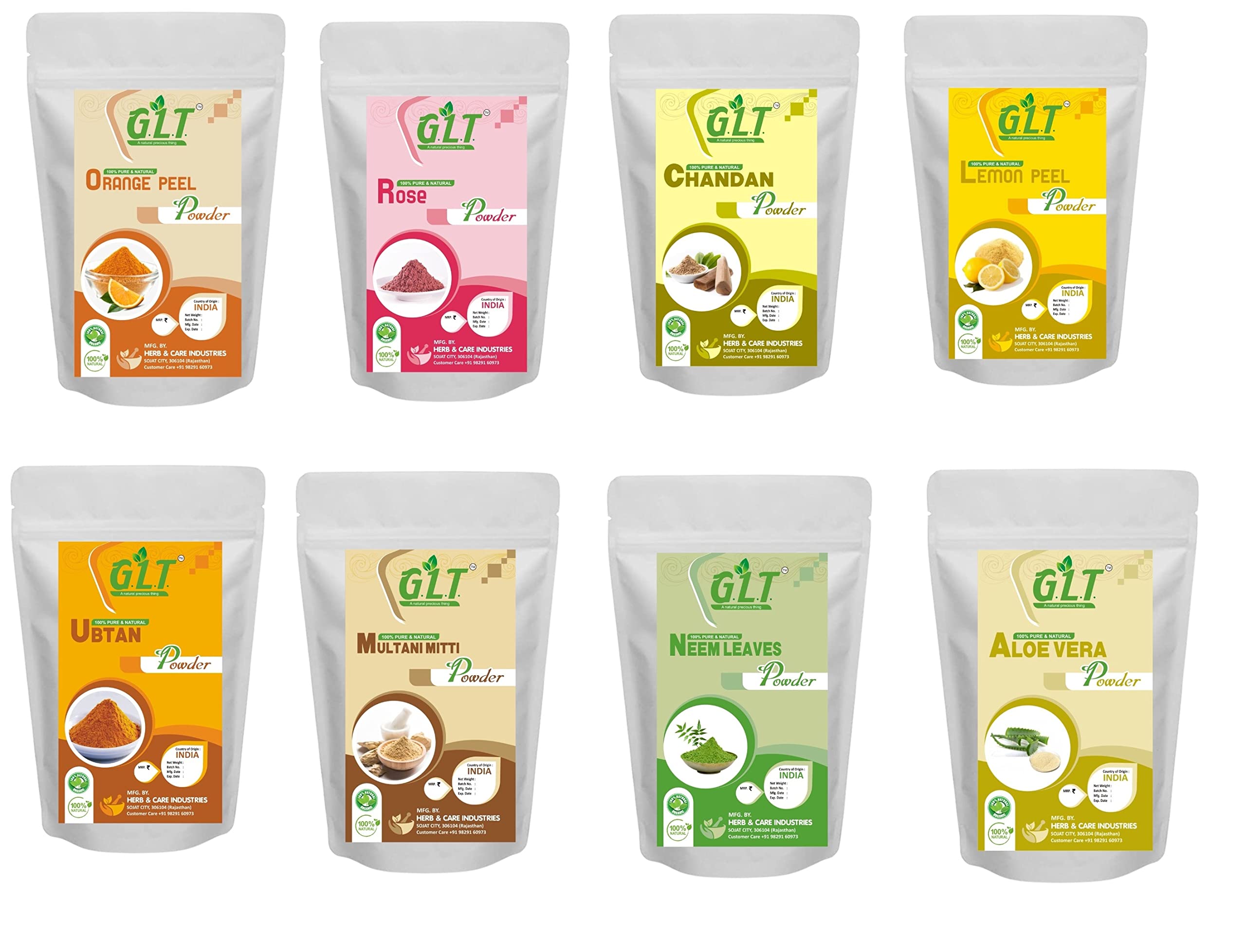 G.L.T.Rose Powder, Chandan Powder, Orange Peel Powder, Aloe Vera powder, Lemon Peel powder, Multani Mitti Powder,Ubtan Powder, Neem Powder Combo Face Pack 100x8 (800gm)
