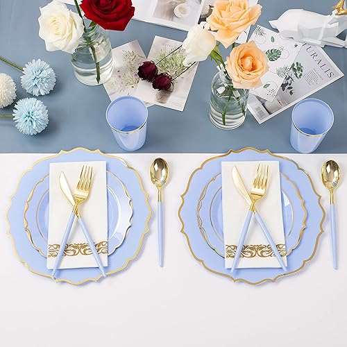 Miniatura 9 de 400 platos de plástico verde menta para 50 invitados, platos desechables resistentes, 100 platos elegantes, 150 cubiertos dorados, 50 tazas, 50