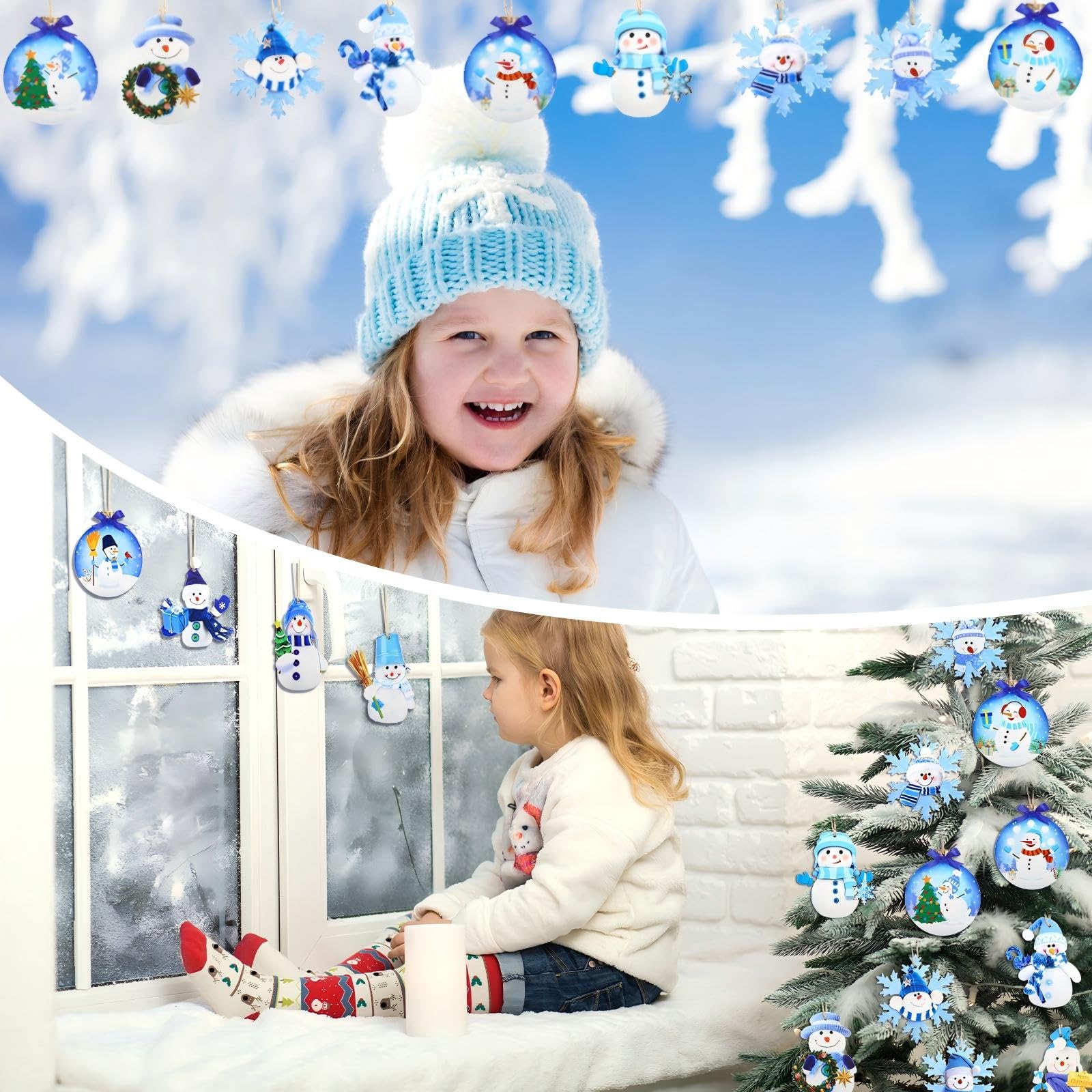 Amyhill 30 adornos de muñeco de nieve azul de Navidad, adornos de madera para árbol de Navidad, mini muñeco de nieve y copo de nieve, colgante colgante para invierno, Año Nuevo, casa, festival