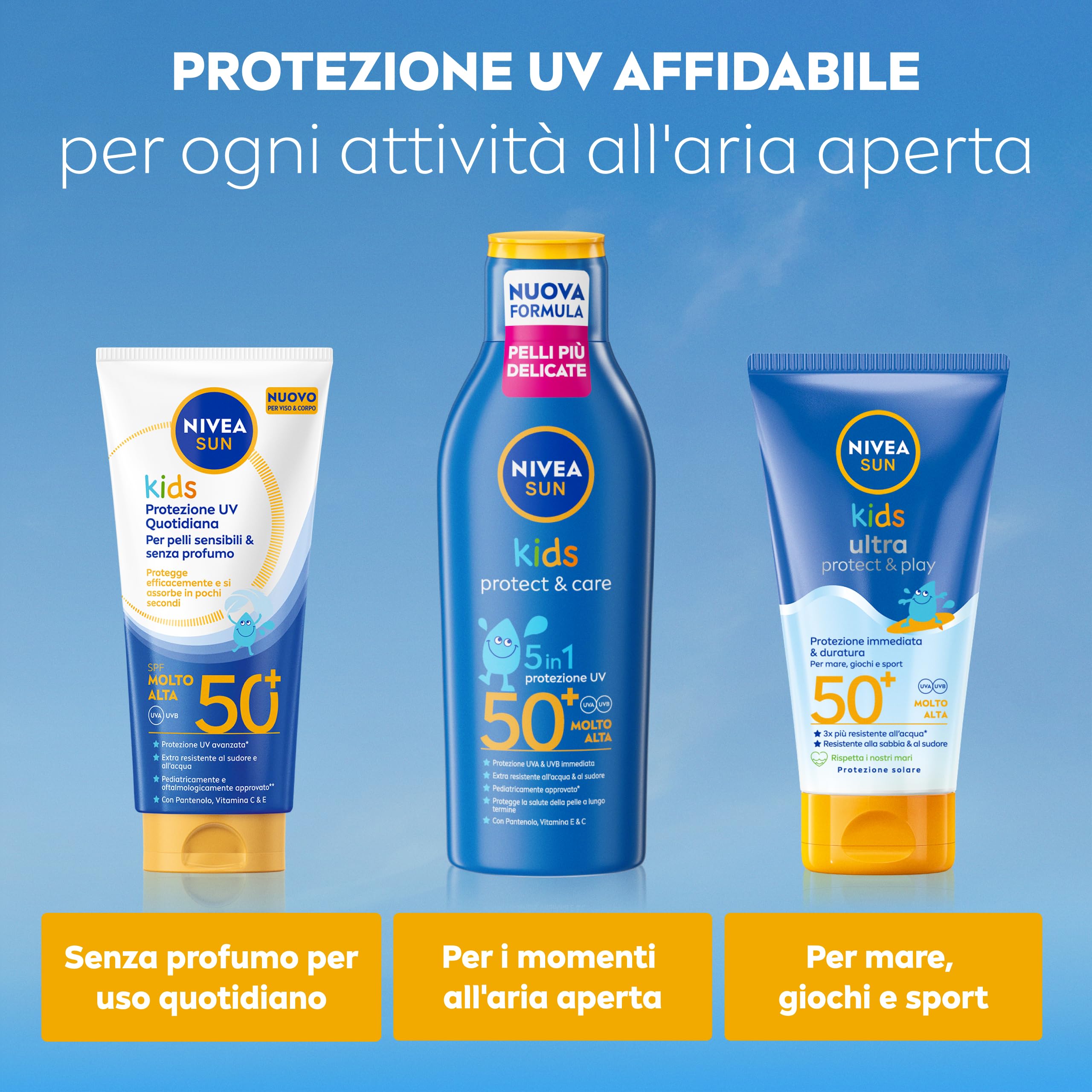 NIVEA SUN Kids Protezione UV Quotidiana SPF 50+ 100 ml, Crema solare 50 bambini per viso e corpo, Protezione solare 50 bambini extra resistente all'acqua, Per pelli sensibili, Senza profumo